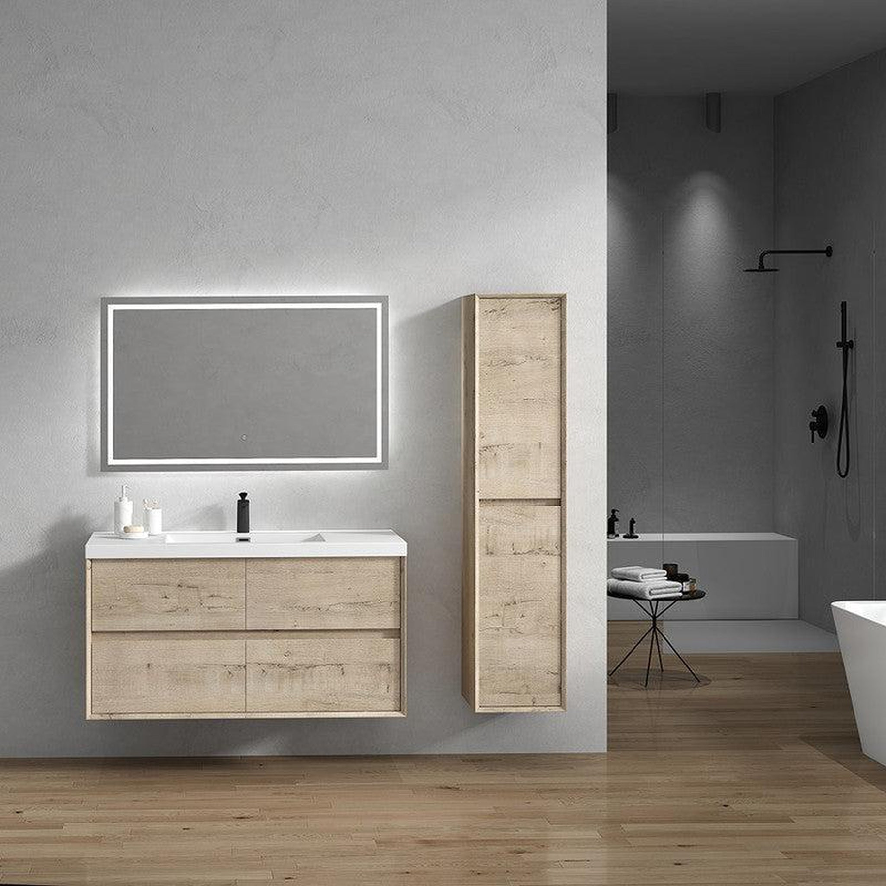 Noble 48" Light Oak Wall-Mounted Modern Vanity With Single Reinforced White Acrylic Sink