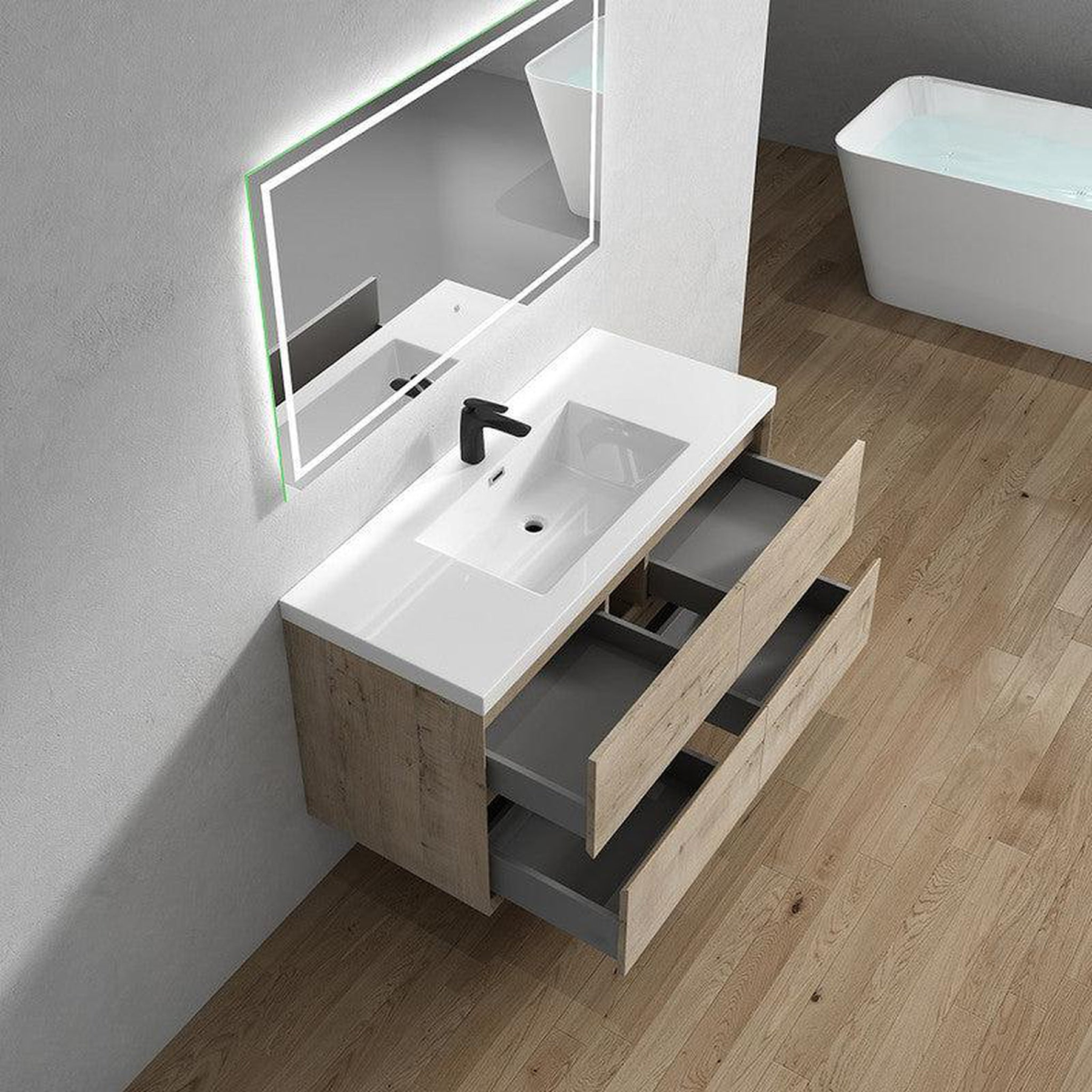 Noble 48" Light Oak Wall-Mounted Modern Vanity With Single Reinforced White Acrylic Sink
