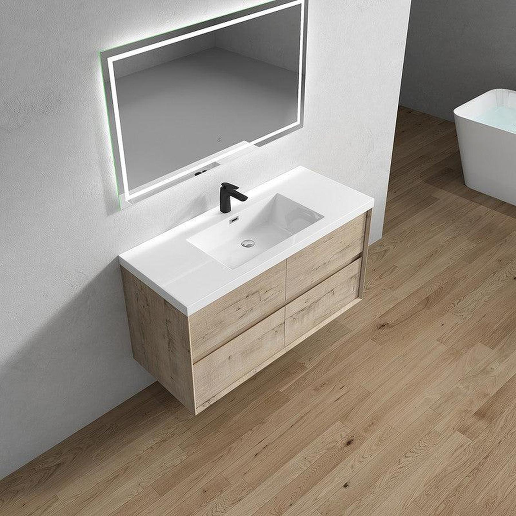 Noble 48" Light Oak Wall-Mounted Modern Vanity With Single Reinforced White Acrylic Sink