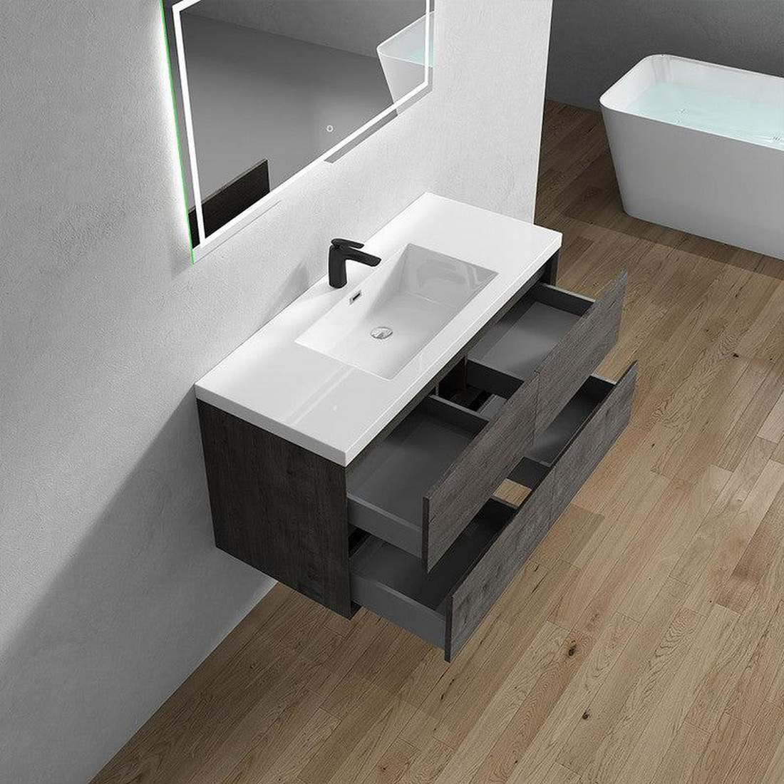 Noble 48" Smoke Oak Wall-Mounted Modern Vanity With Single Reinforced White Acrylic Sink