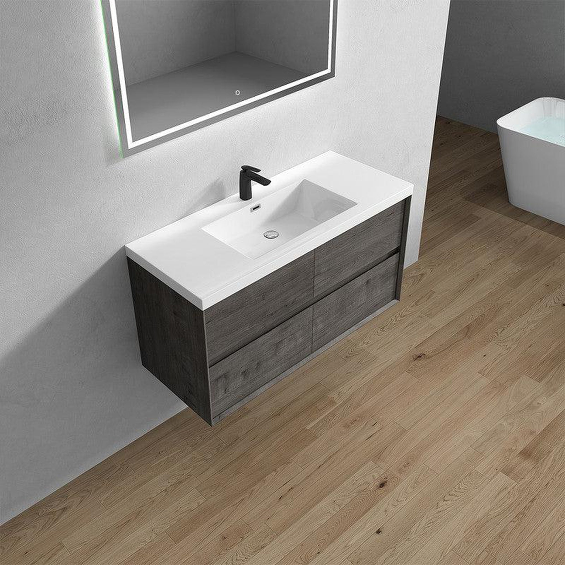 Noble 48" Smoke Oak Wall-Mounted Modern Vanity With Single Reinforced White Acrylic Sink