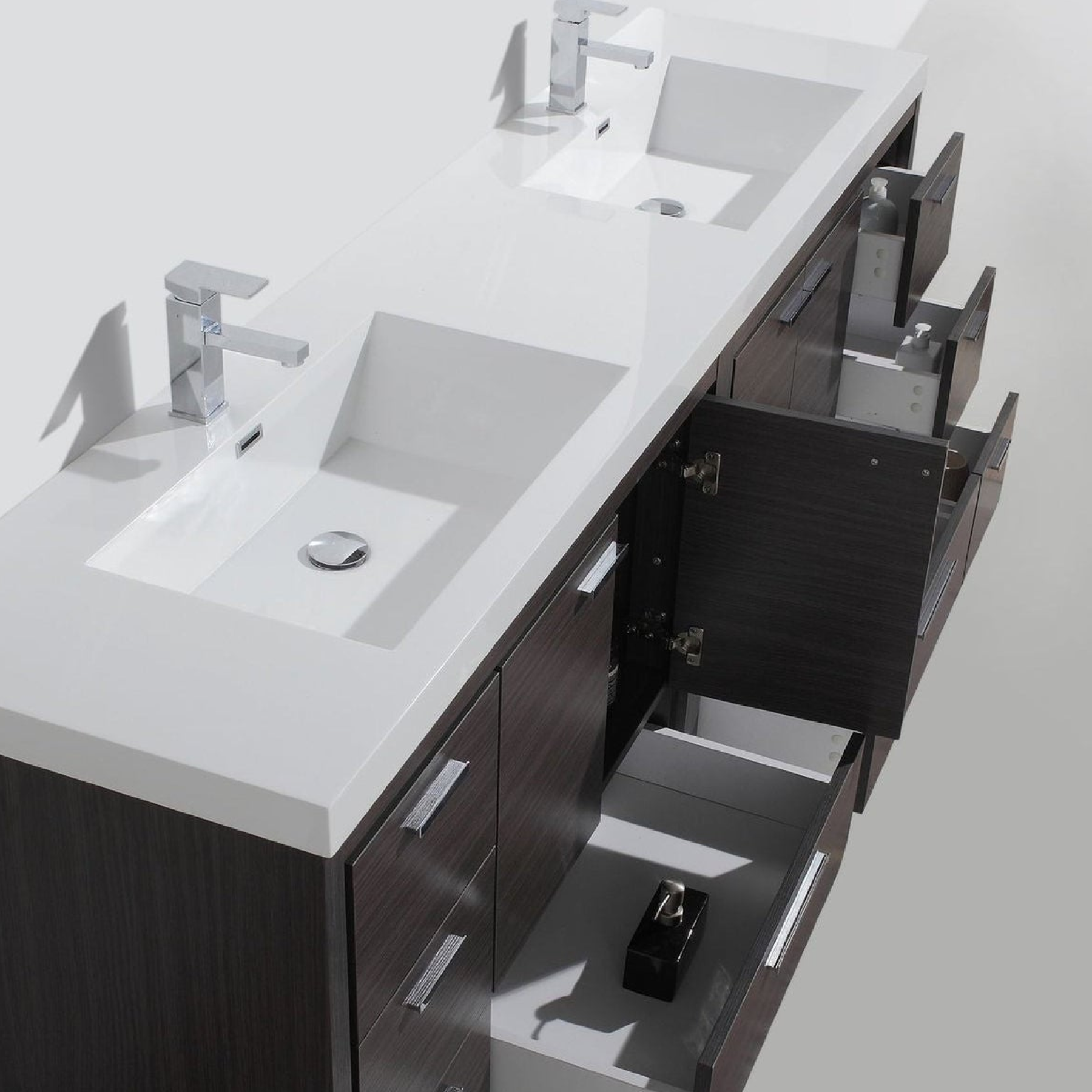 Amara 84" Dark Gray Oak Freestanding Vanity With Double Reinforced White Acrylic Sinks