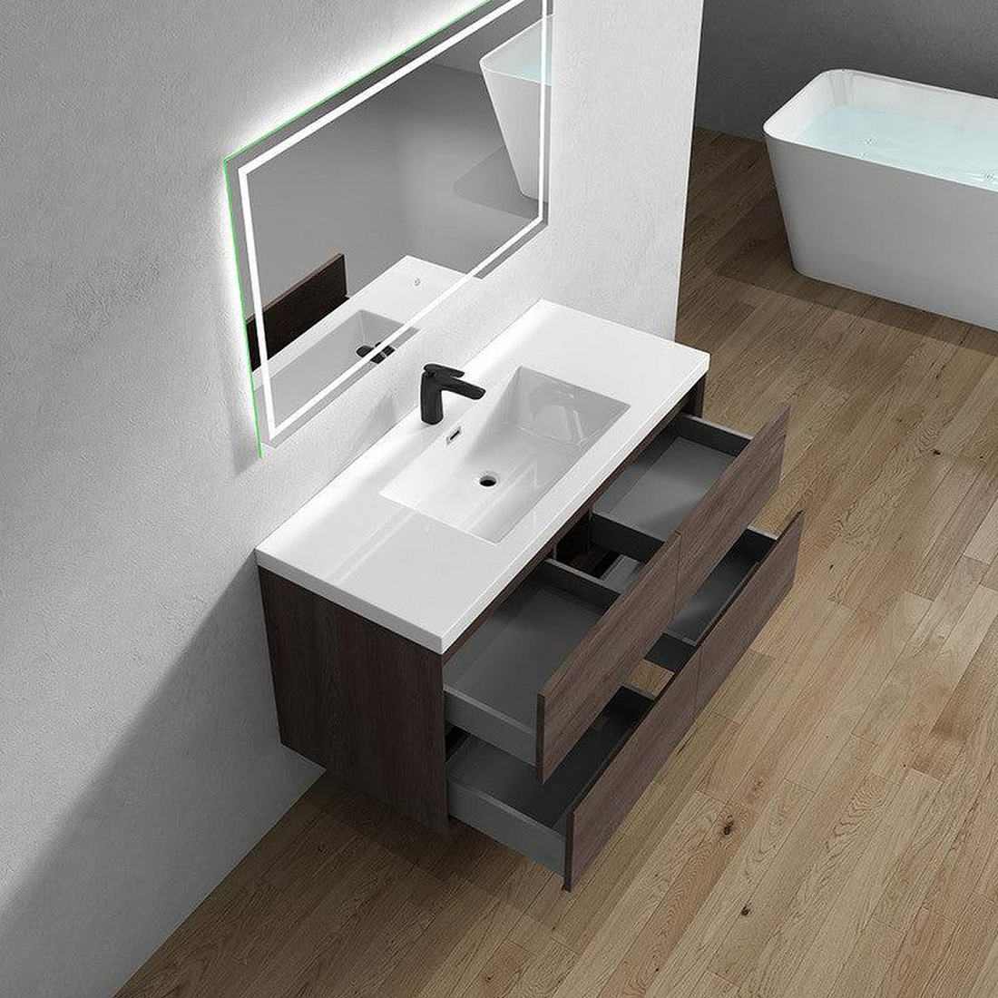 Noble 48" Red Oak Wall-Mounted Modern Vanity With Single Reinforced White Acrylic Sink