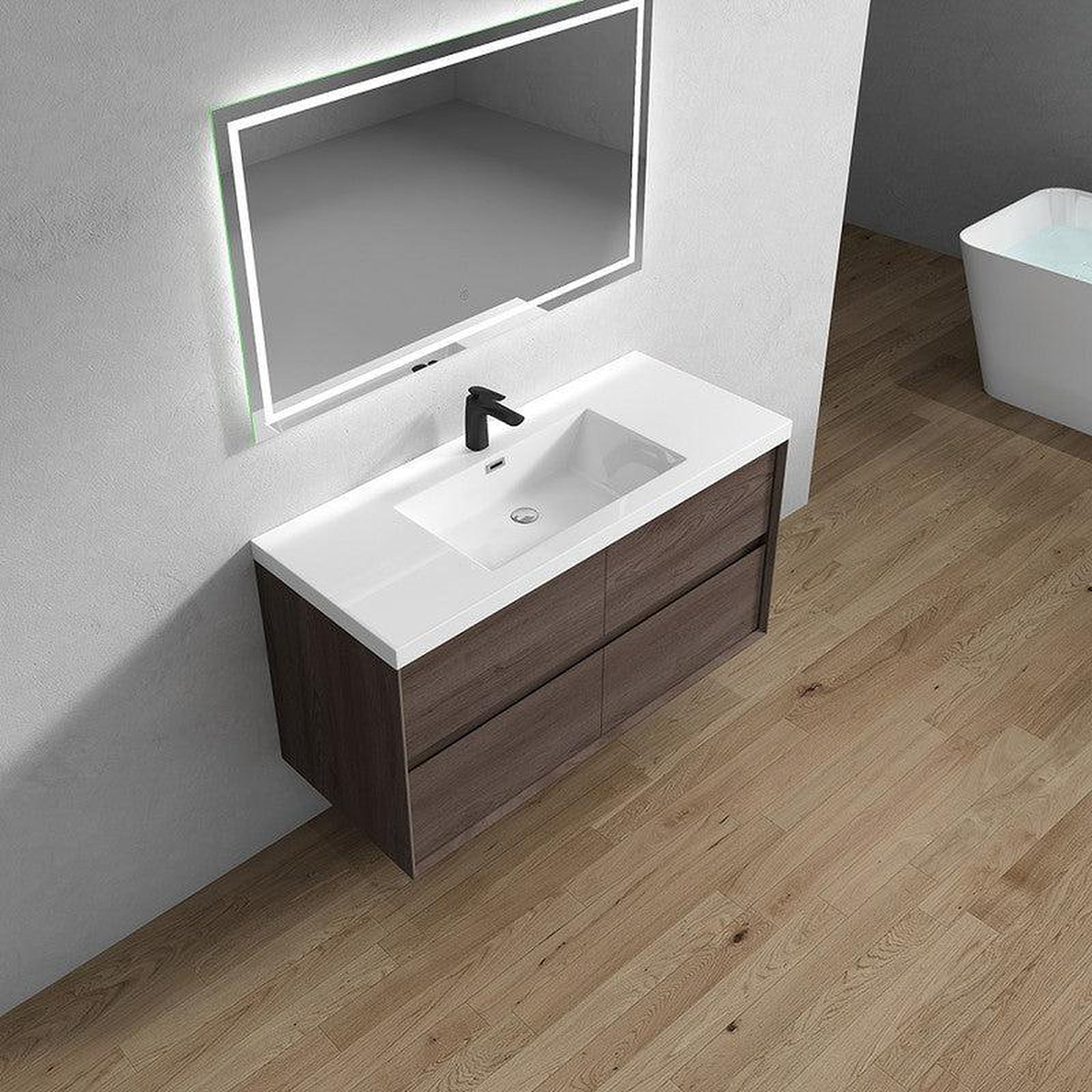 Noble 48" Red Oak Wall-Mounted Modern Vanity With Single Reinforced White Acrylic Sink