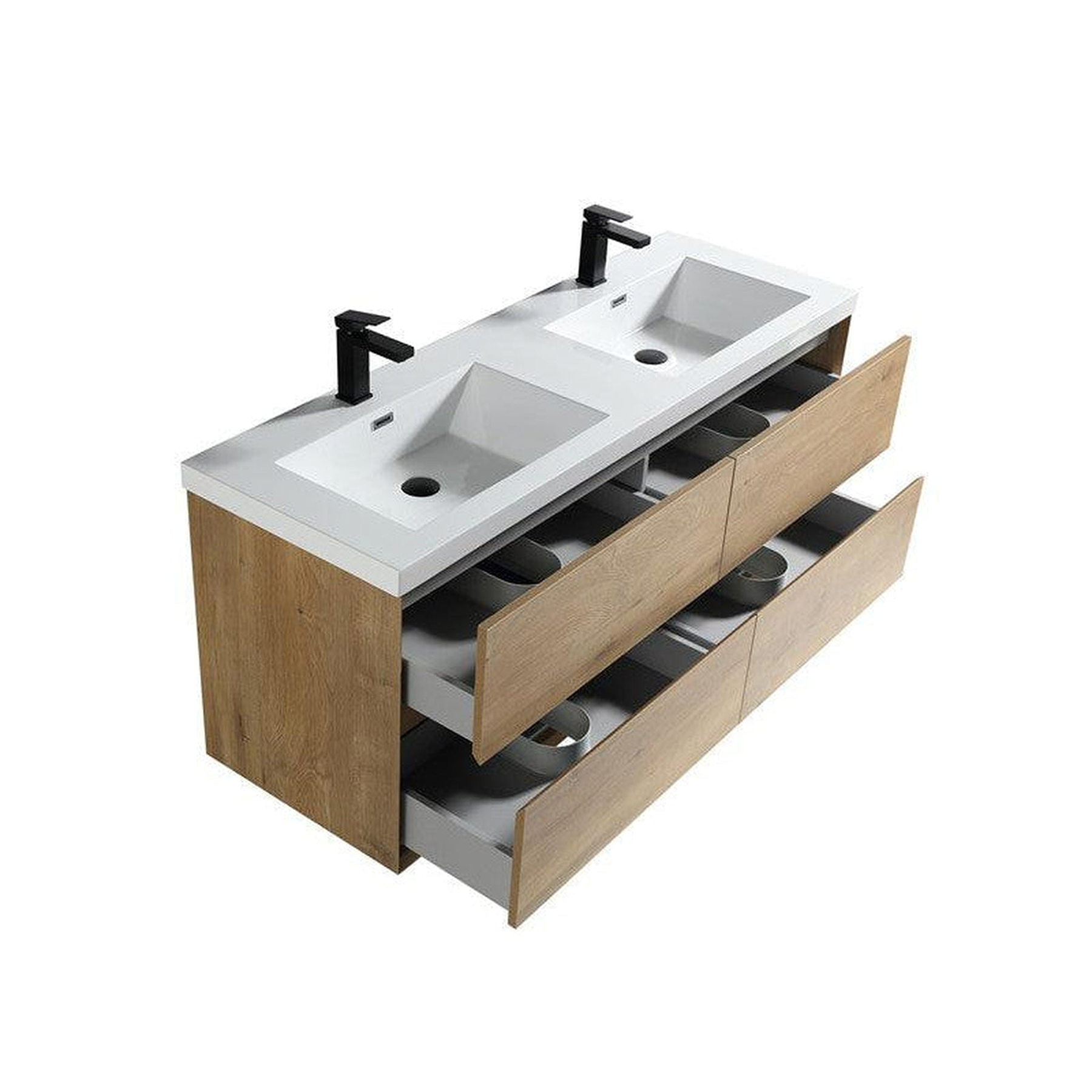 Noble 60" White Oak Wall-Mounted Modern Vanity With Double Reinforced White Acrylic Sinks