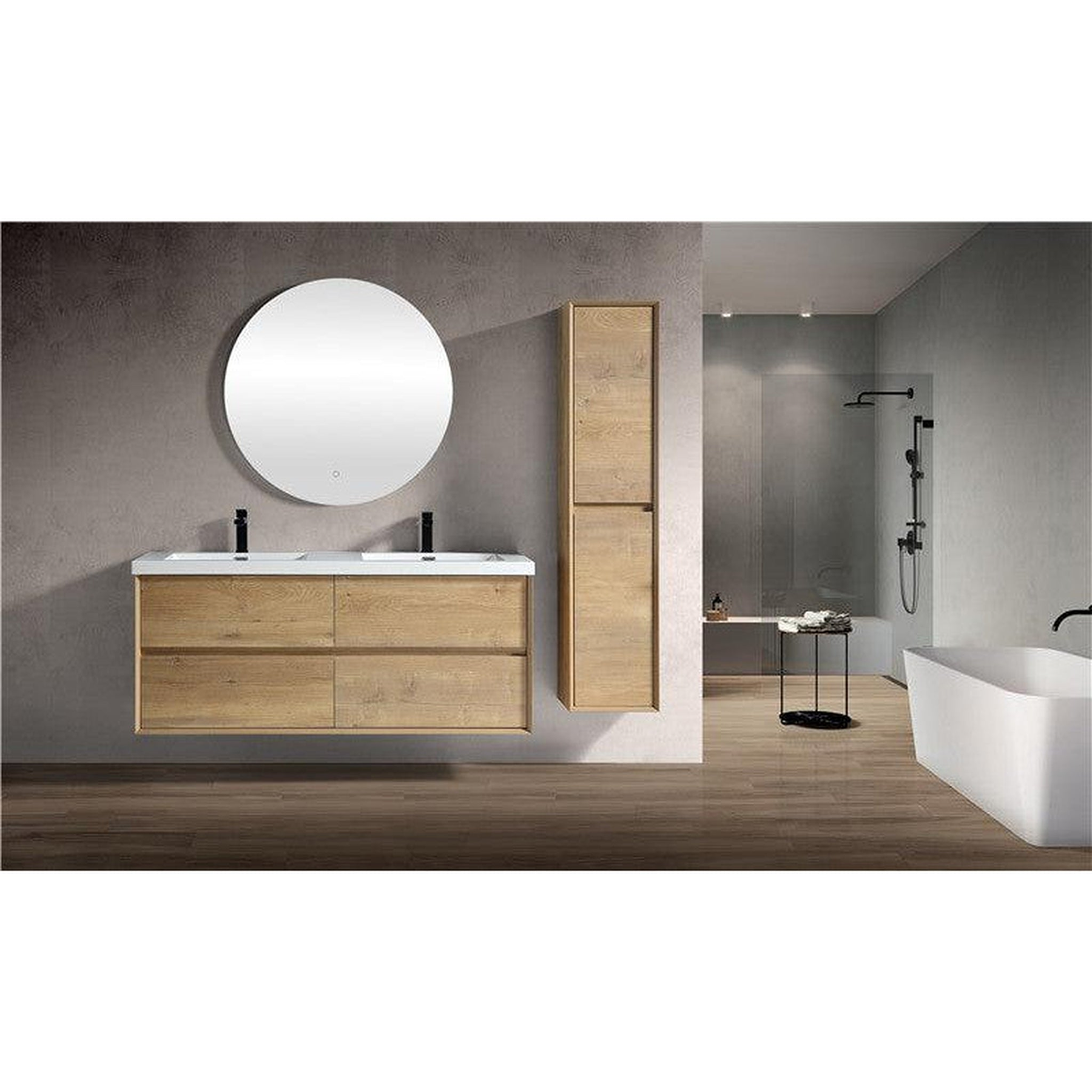 Noble 60" White Oak Wall-Mounted Modern Vanity With Double Reinforced White Acrylic Sinks