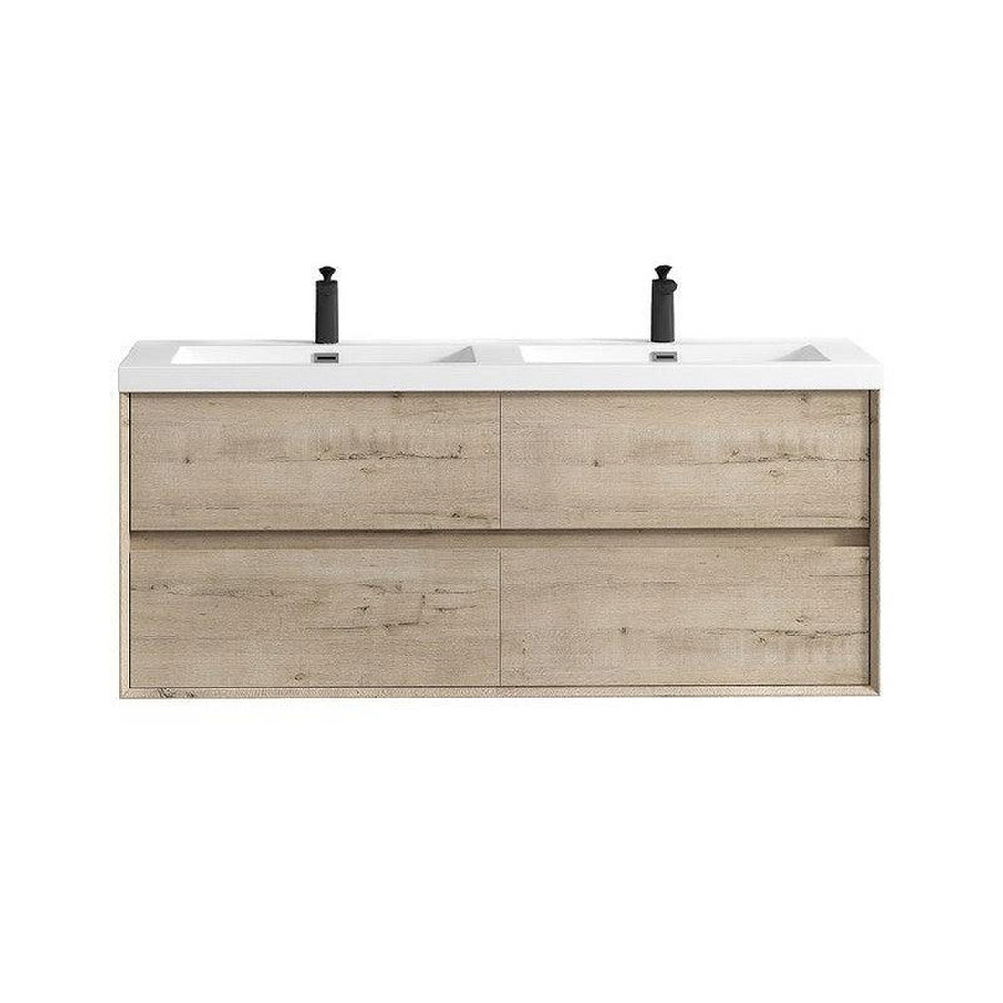 Noble 60" Light Oak Wall-Mounted Modern Vanity With Double Reinforced White Acrylic Sinks