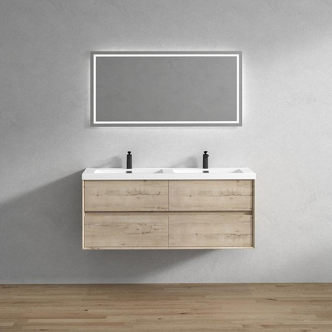 Noble 60" Light Oak Wall-Mounted Modern Vanity With Double Reinforced White Acrylic Sinks