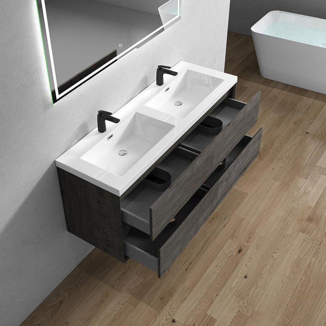 Noble 60" Smoke Oak Wall-Mounted Modern Vanity With Double Reinforced White Acrylic Sinks
