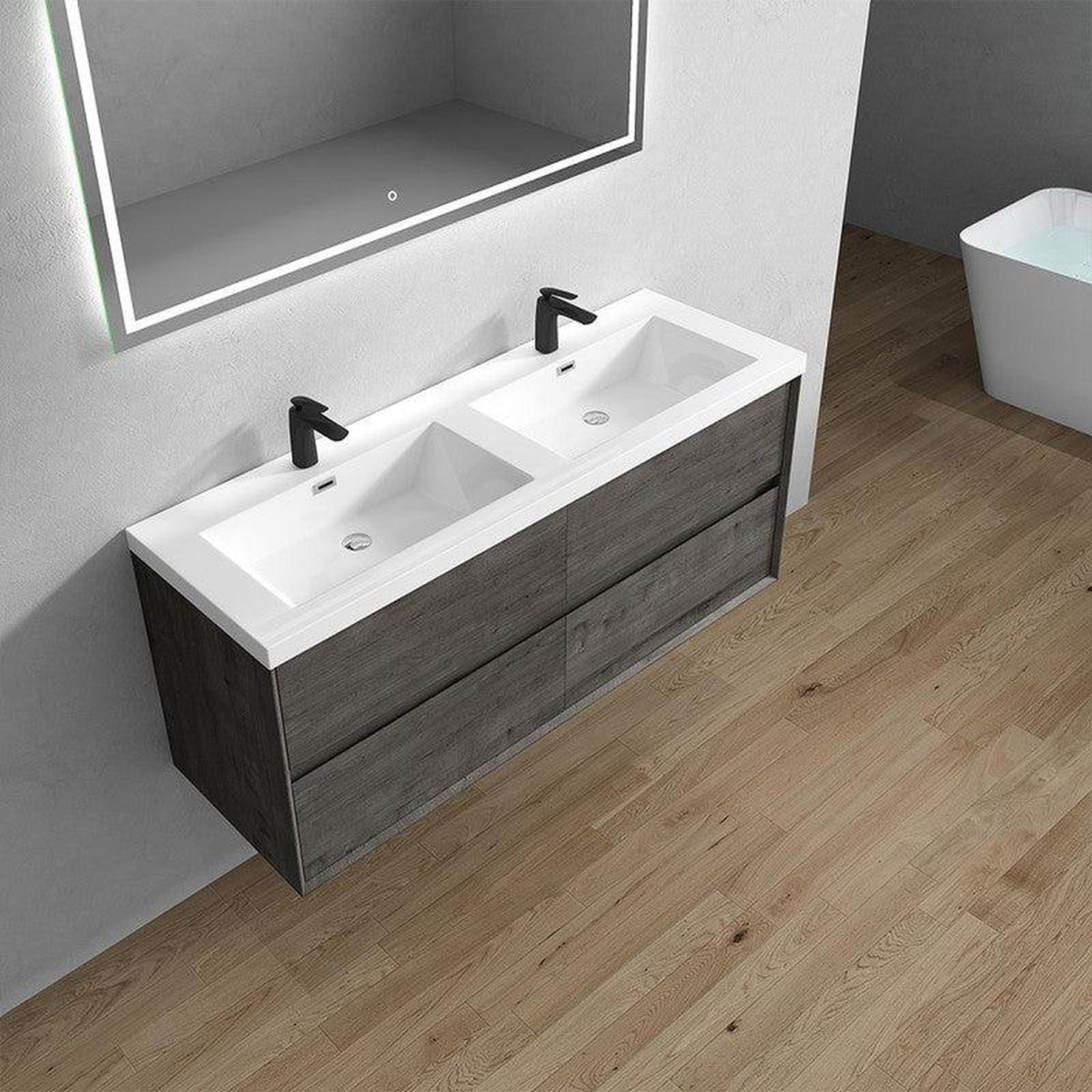 Noble 60" Smoke Oak Wall-Mounted Modern Vanity With Double Reinforced White Acrylic Sinks