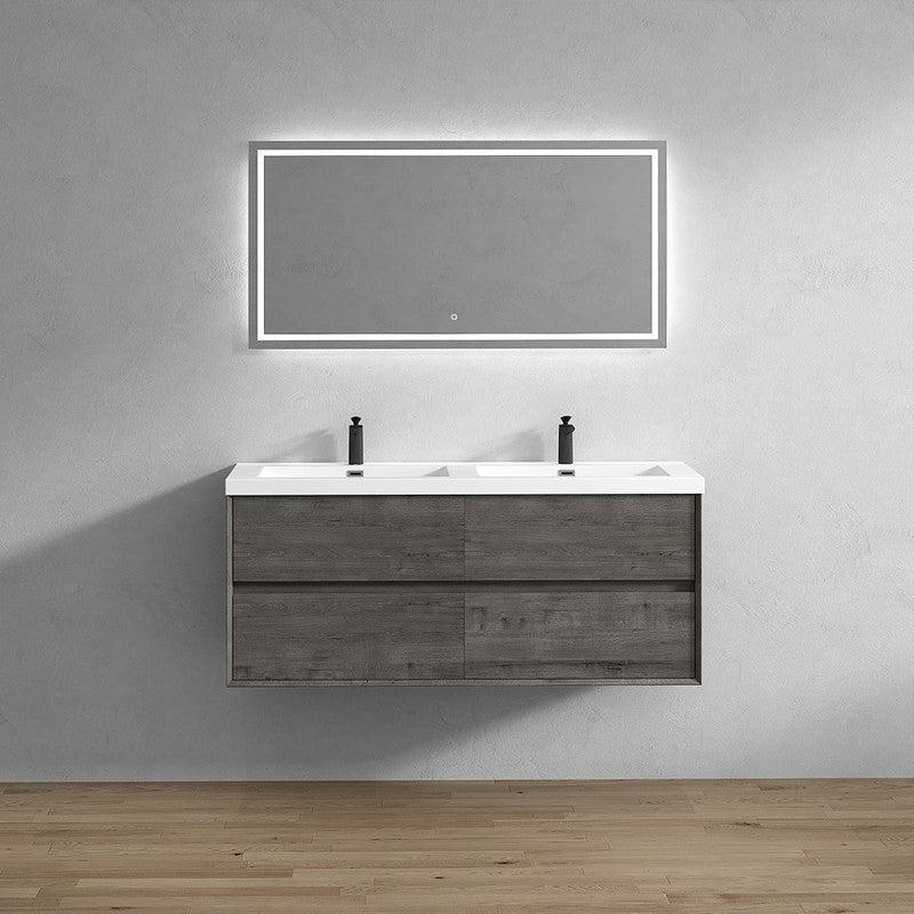 Noble 60" Smoke Oak Wall-Mounted Modern Vanity With Double Reinforced White Acrylic Sinks