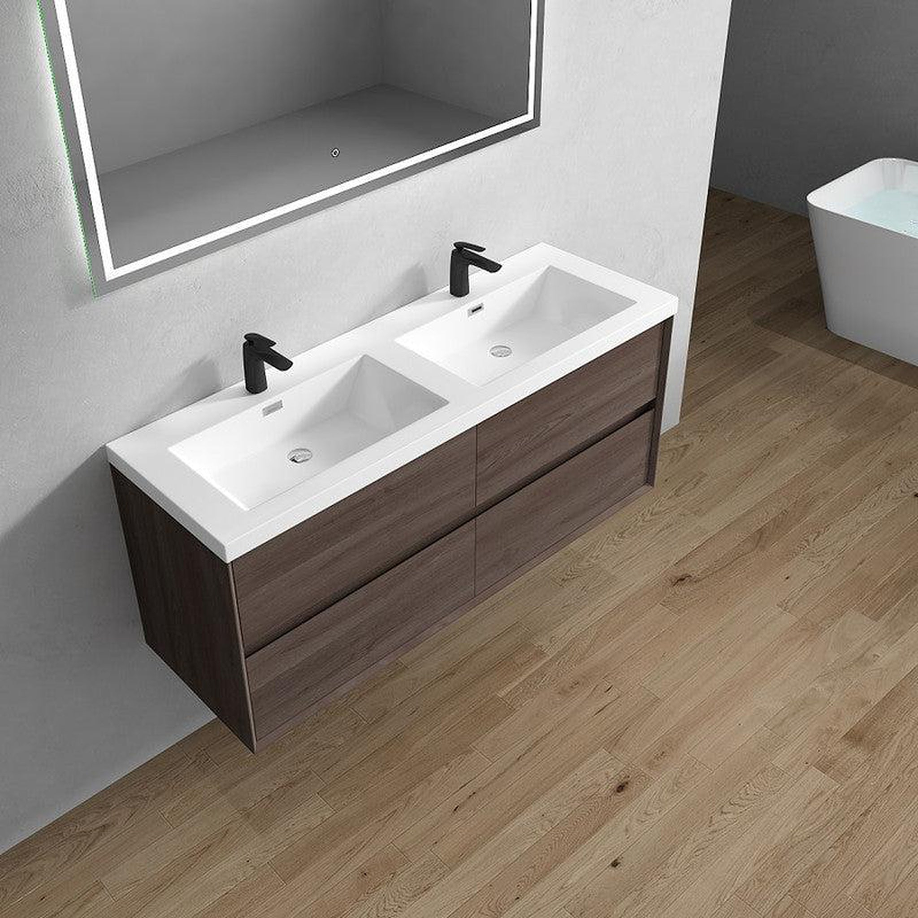 Noble 60" Red Oak Wall-Mounted Modern Vanity With Double Reinforced White Acrylic Sinks