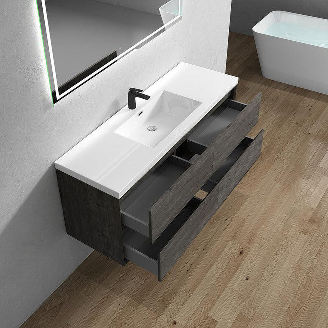 Noble 60" Smoke Oak Wall-Mounted Modern Vanity With Single Reinforced White Acrylic Sink
