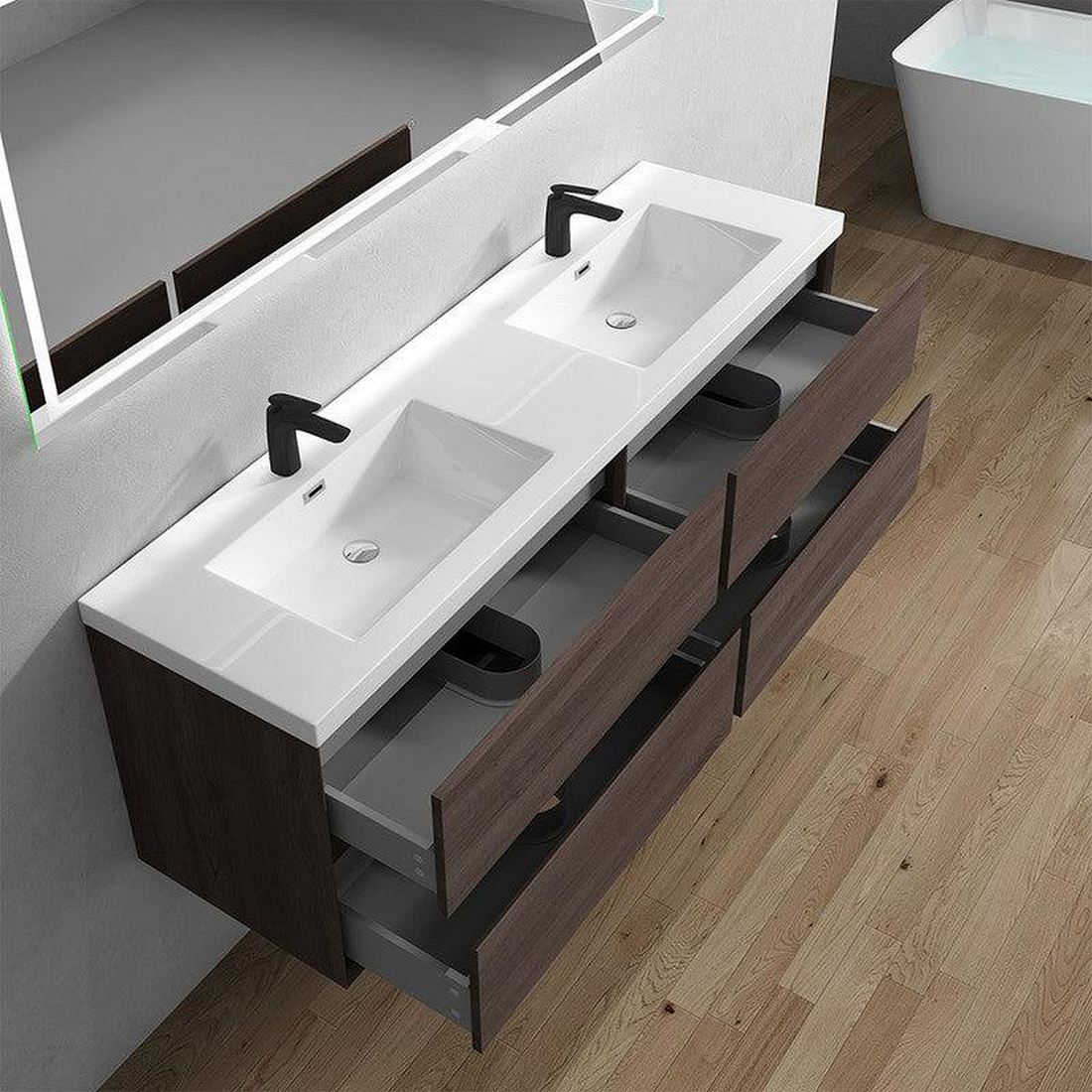 Noble 72" Red Oak Wall-Mounted Modern Vanity With Double Reinforced White Acrylic Sinks
