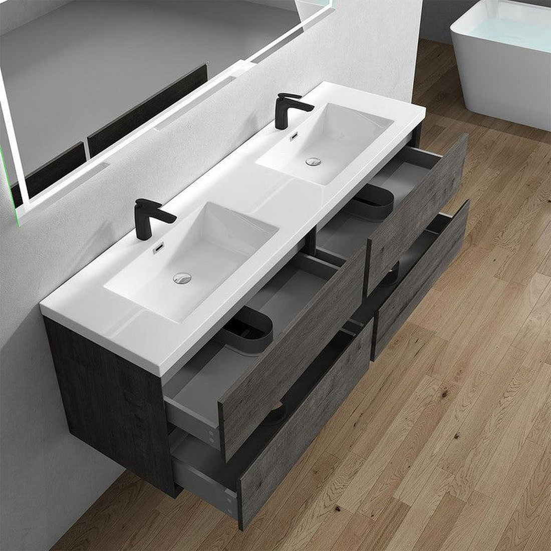 Noble 72" Smoke Oak Wall-Mounted Modern Vanity With Double Reinforced White Acrylic Sinks
