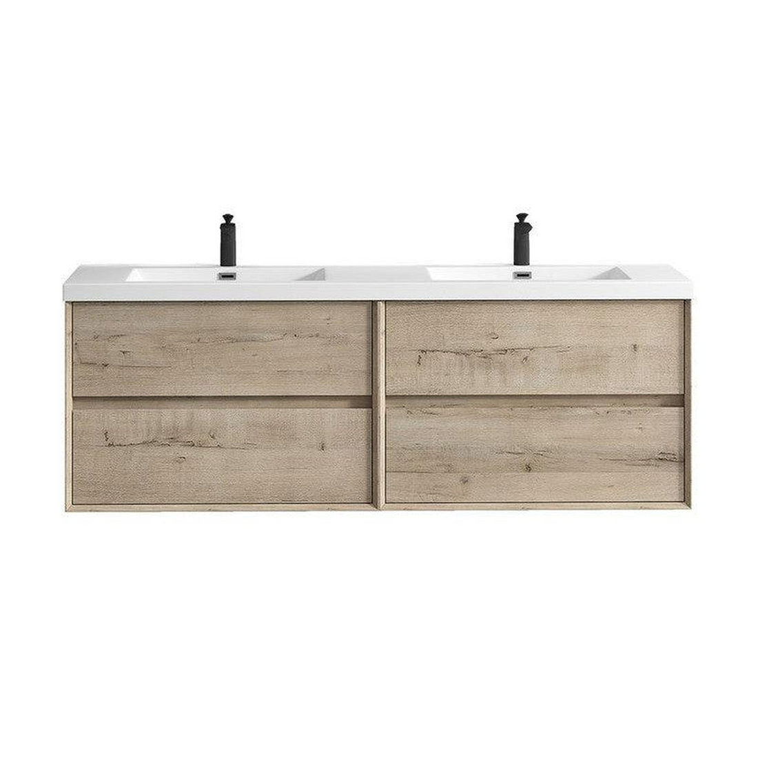 Noble 72" Light Oak Wall-Mounted Modern Vanity With Double Reinforced White Acrylic Sinks