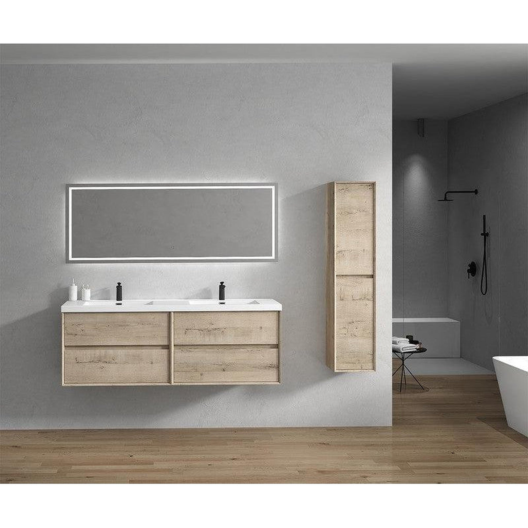 Noble 72" Light Oak Wall-Mounted Modern Vanity With Double Reinforced White Acrylic Sinks