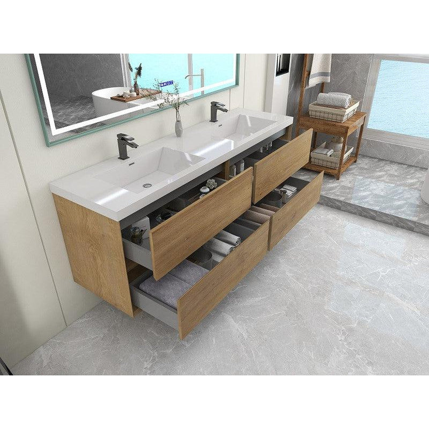 Noble 72" White Oak Wall-Mounted Modern Vanity With Double Reinforced White Acrylic Sinks