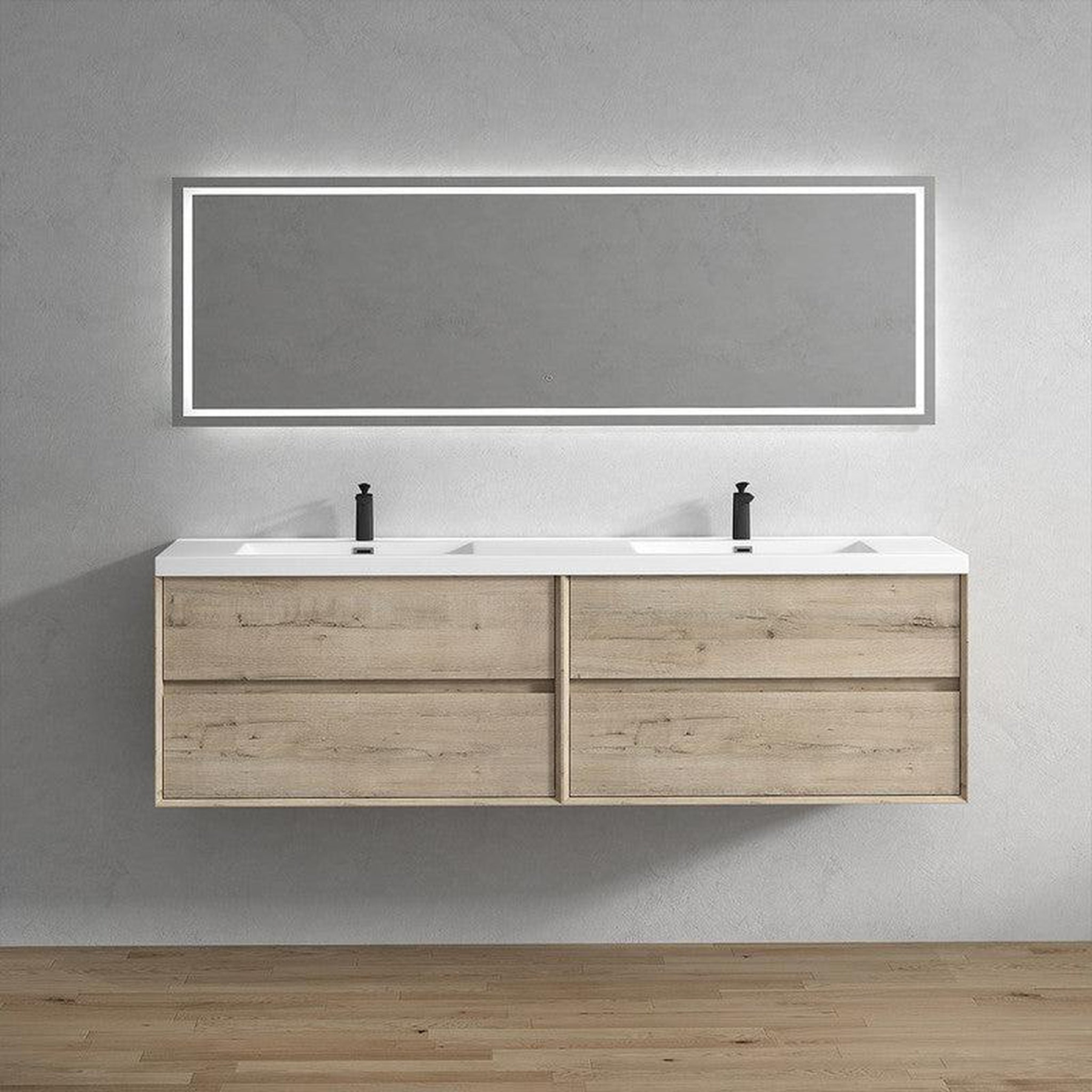 Noble 84" Light Oak Wall-Mounted Modern Vanity With Double Reinforced White Acrylic Sinks