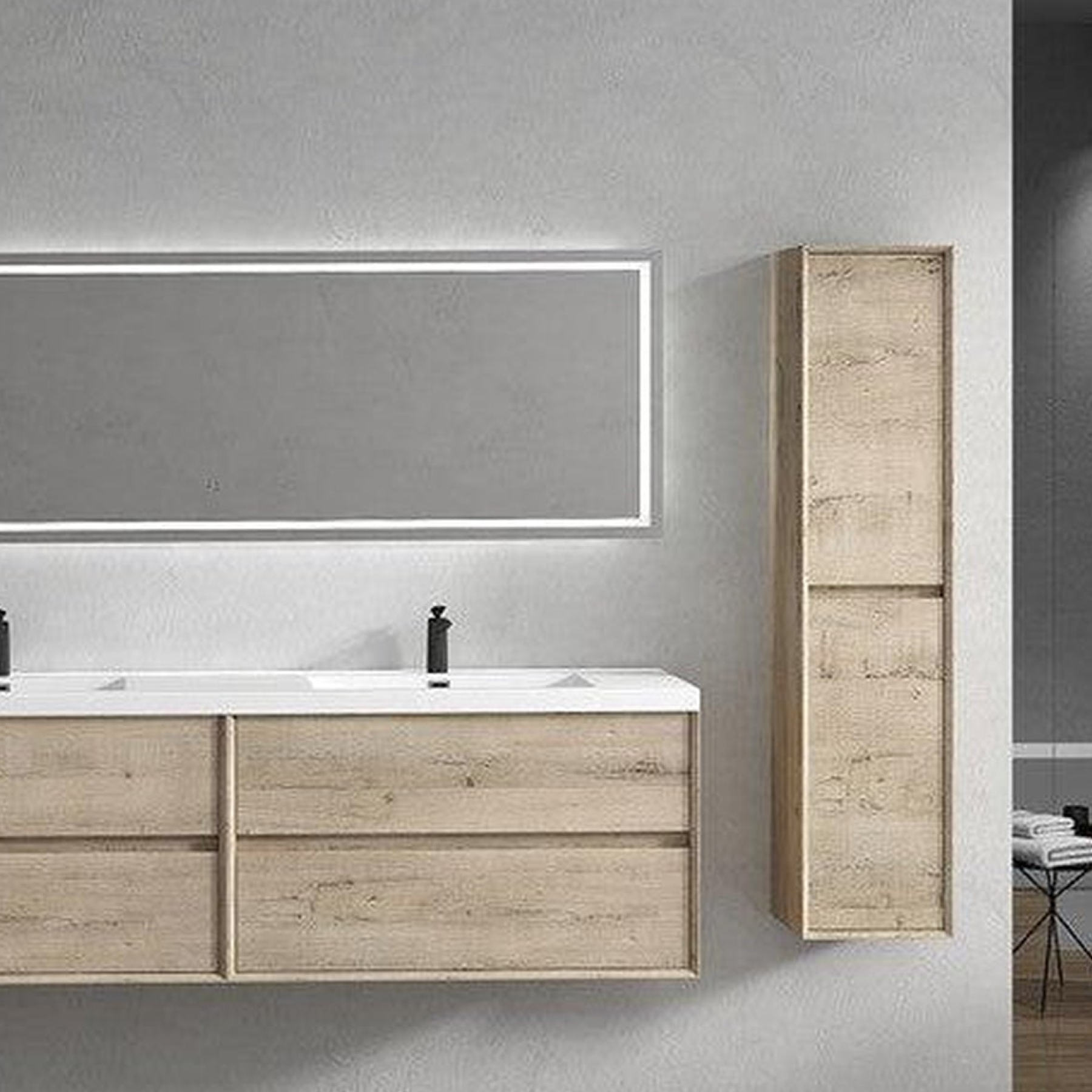 Noble 84" Light Oak Wall-Mounted Modern Vanity With Double Reinforced White Acrylic Sinks