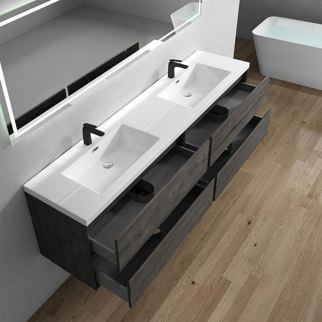 Noble 84" Smoke Oak Wall-Mounted Modern Vanity With Double Reinforced White Acrylic Sinks