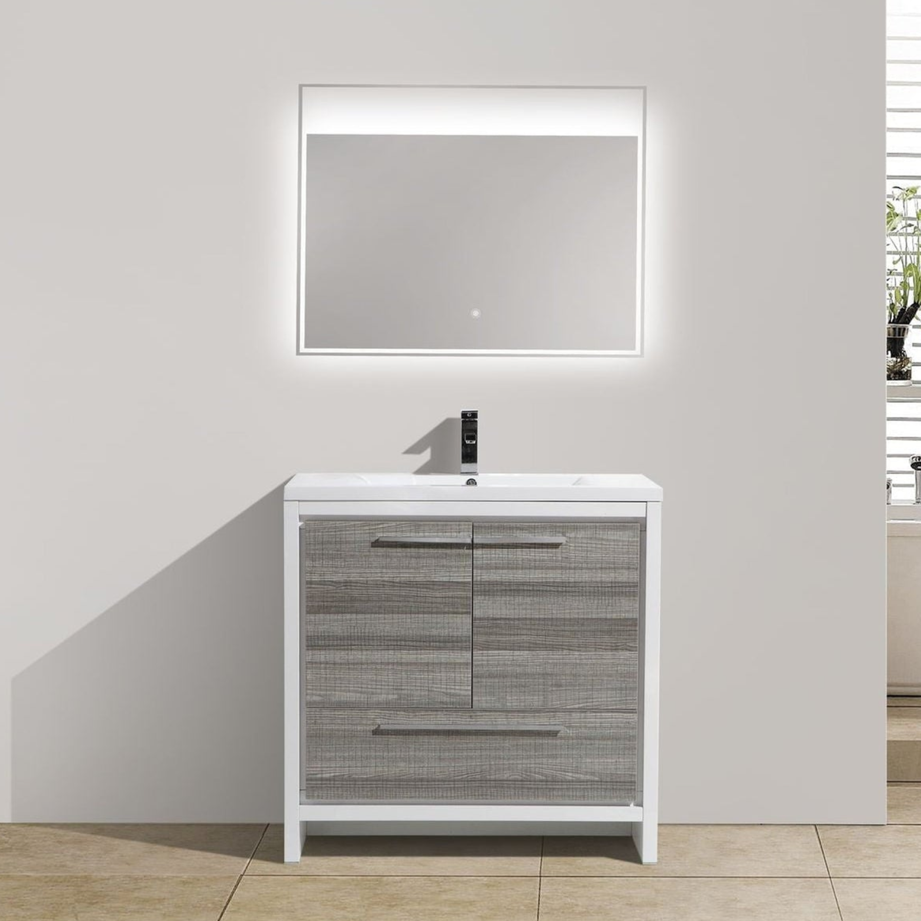 Amara 36" High Gloss Ash Gray Freestanding Vanity With Single Reinforced White Acrylic Sink