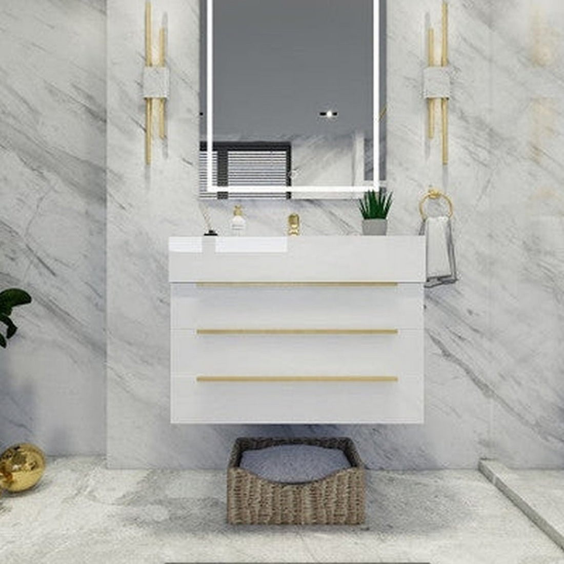 Elara 30" High Gloss White Wall-Mounted Vanity With Single Reinforced White Acrylic Sink