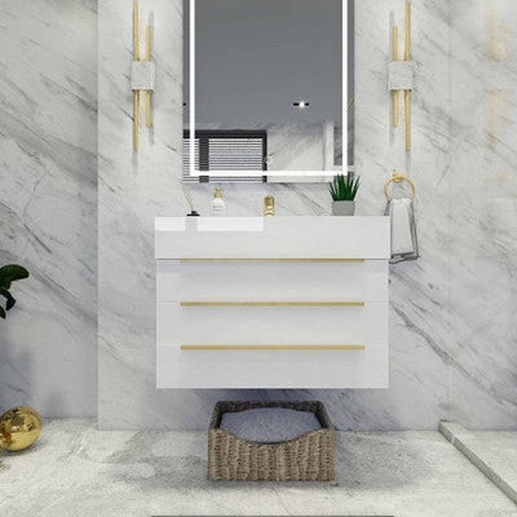 Elara 30" High Gloss White Wall-Mounted Vanity With Single Reinforced White Acrylic Sink