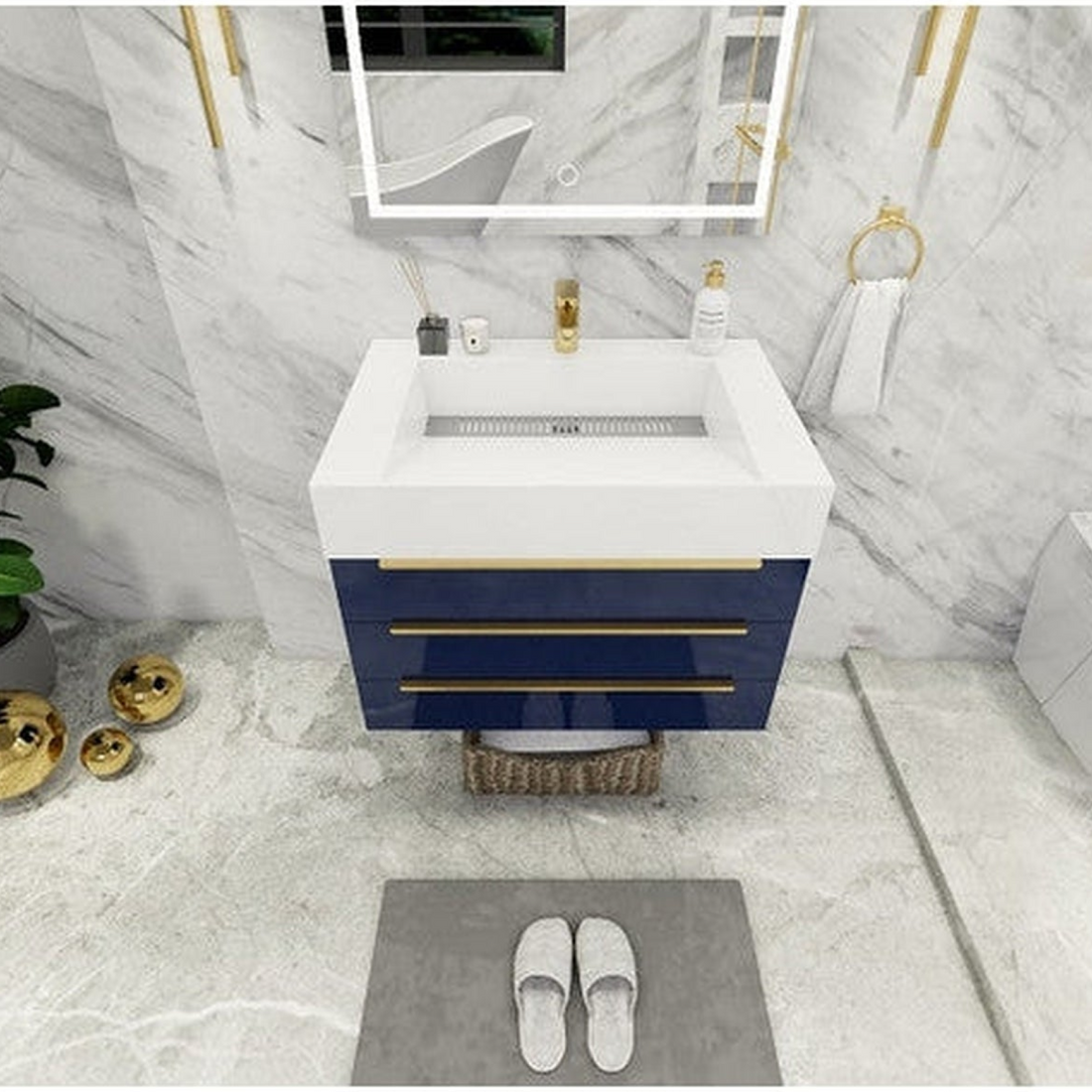 Elara 30" High Gloss Night Blue Wall-Mounted Vanity With Single Reinforced White Acrylic Sink