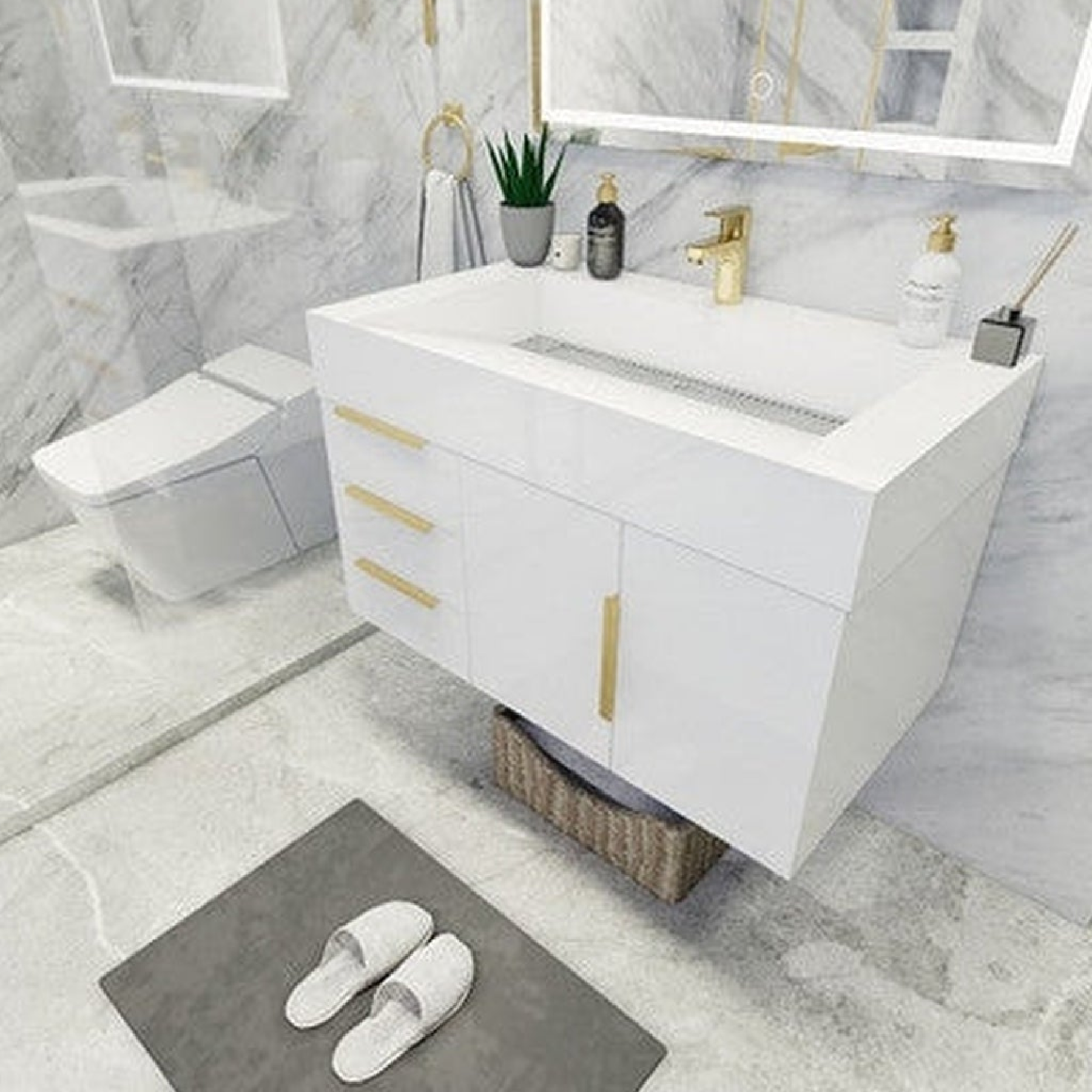 Elara 36" High Gloss White Wall-Mounted Vanity With Left Side Drawers and Single Reinforced White Acrylic Sink