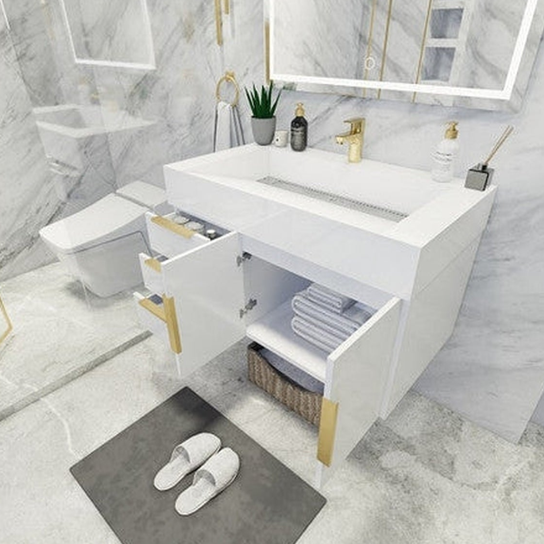 Elara 36" High Gloss White Wall-Mounted Vanity With Left Side Drawers and Single Reinforced White Acrylic Sink