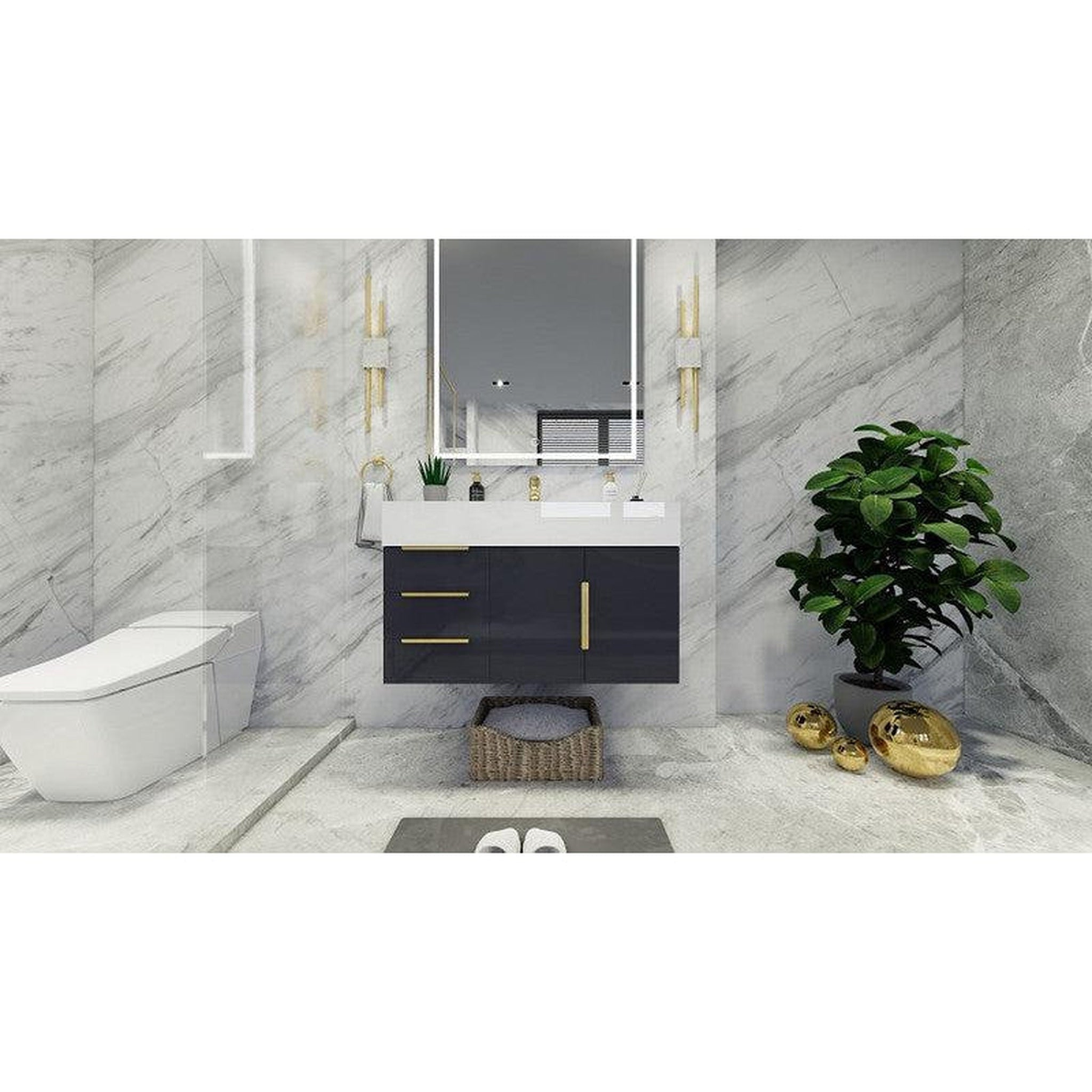 Elara 36" High Gloss Gray Wall-Mounted Vanity With Left Side Drawers and Single Reinforced White Acrylic Sink