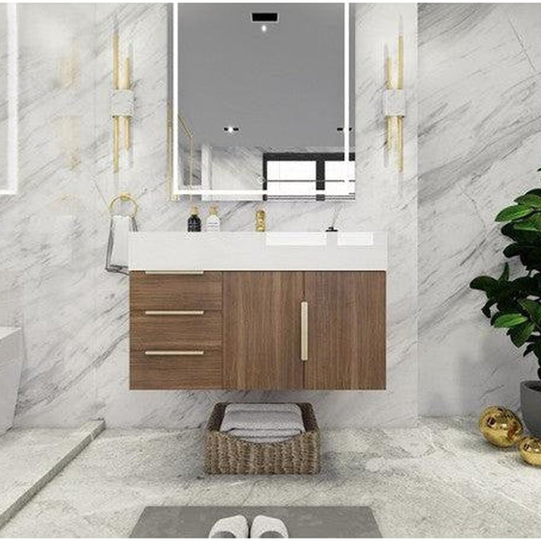 Elara 36" Rosewood Wall-Mounted Vanity With Left Side Drawers and Single Reinforced White Acrylic Sink