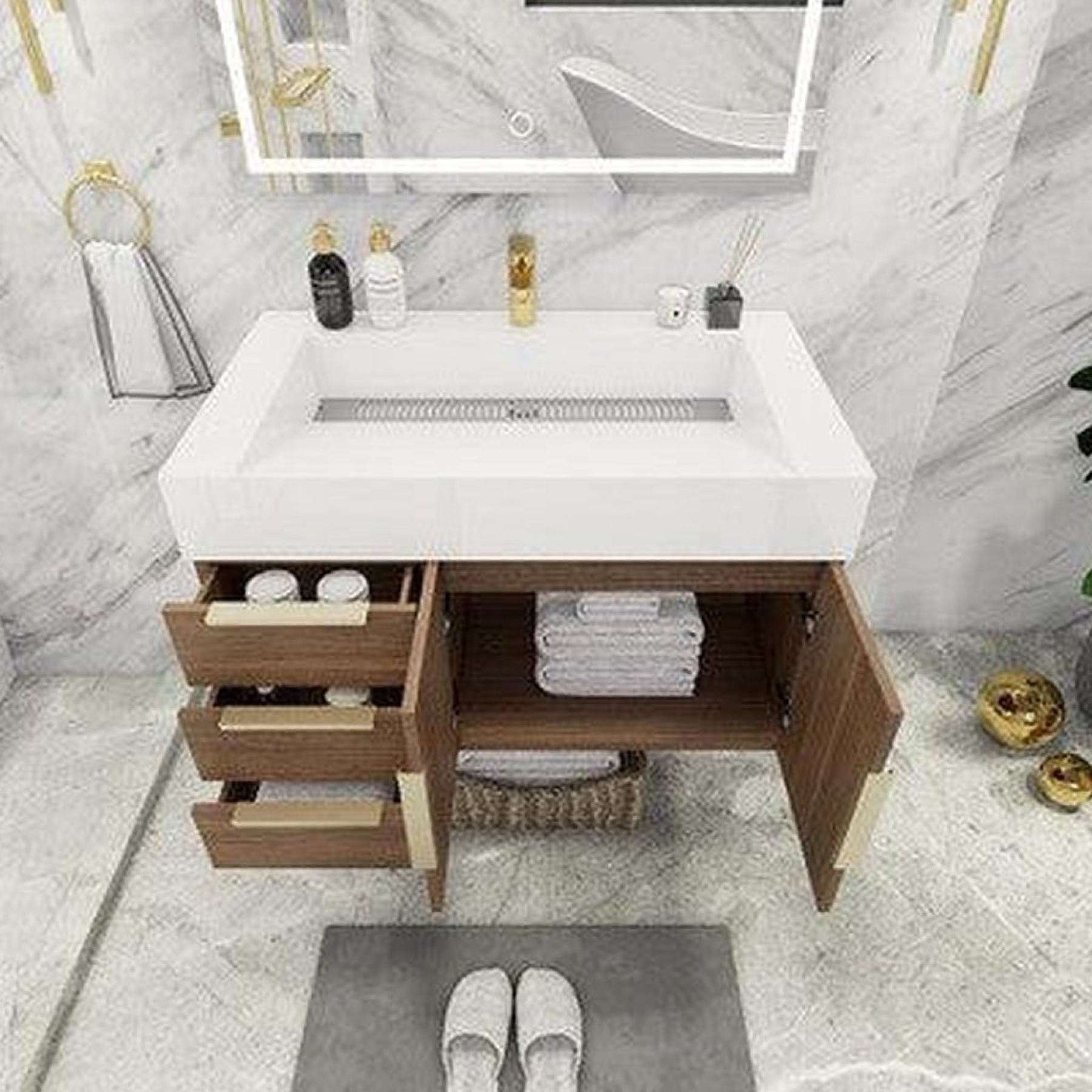 Elara 36" Rosewood Wall-Mounted Vanity With Left Side Drawers and Single Reinforced White Acrylic Sink