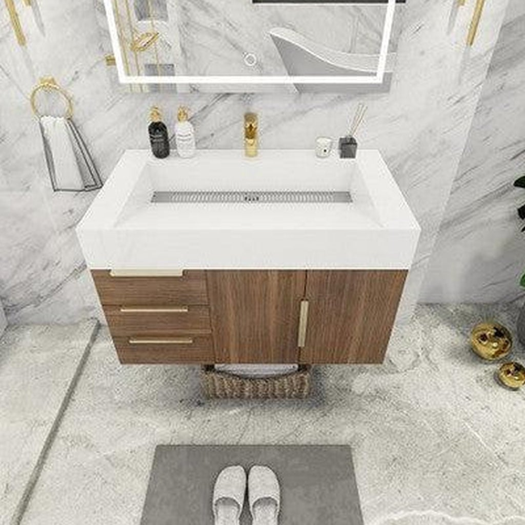 Elara 36" Rosewood Wall-Mounted Vanity With Left Side Drawers and Single Reinforced White Acrylic Sink