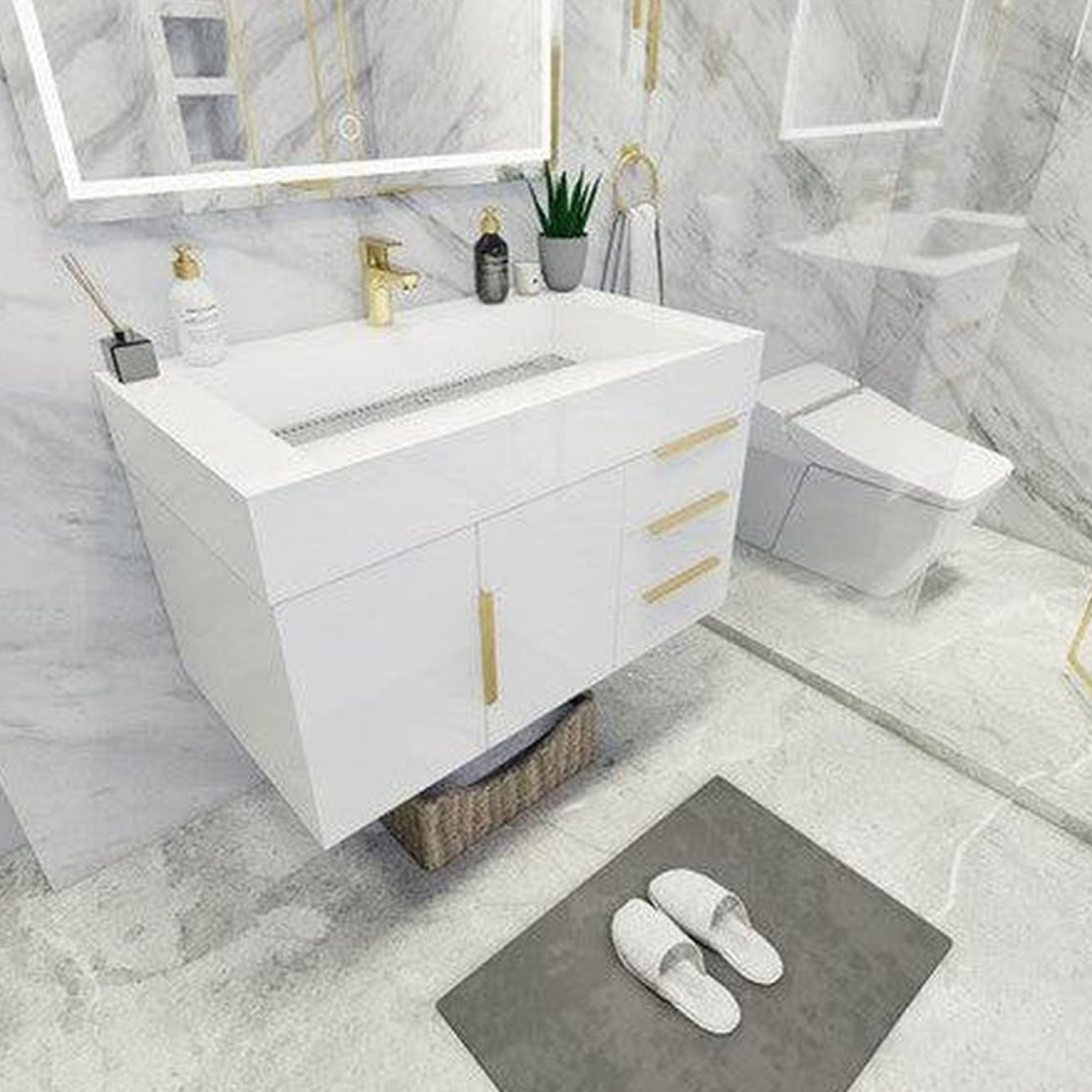 Elara 36" High Gloss White Wall-Mounted Vanity With Right Side Drawers and Single Reinforced White Acrylic Sink