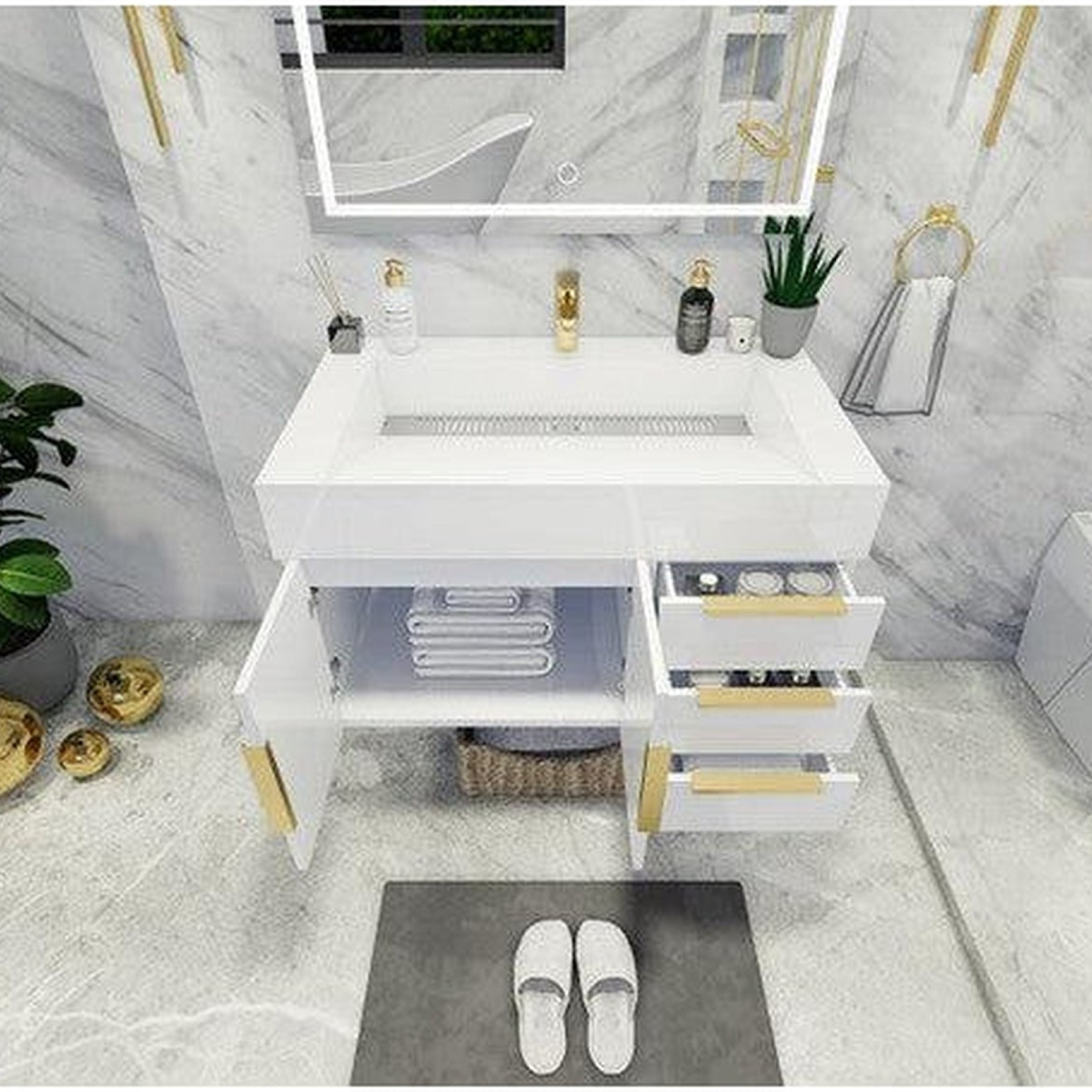 Elara 36" High Gloss White Wall-Mounted Vanity With Right Side Drawers and Single Reinforced White Acrylic Sink