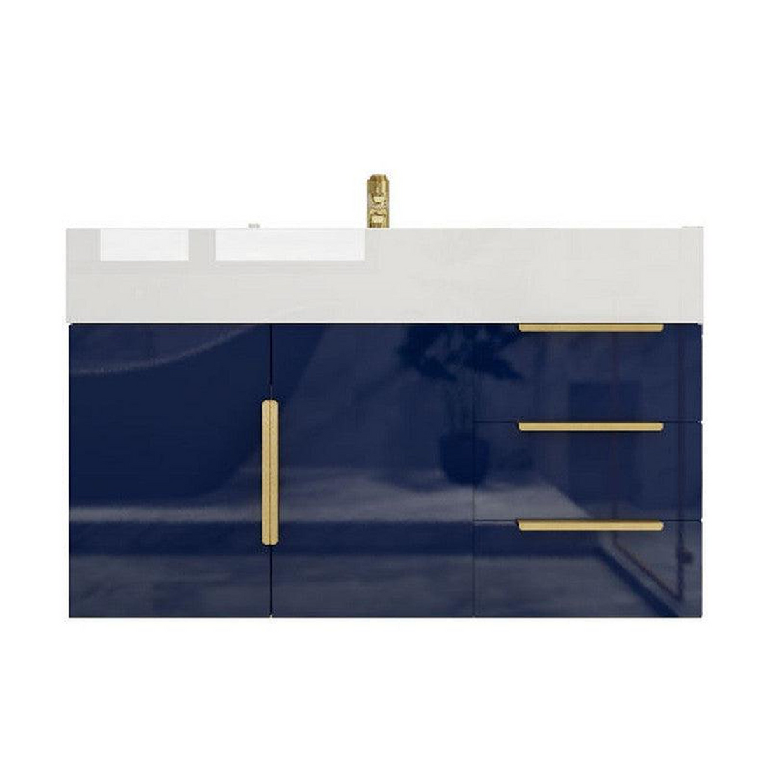 Elara 36" High Gloss Night Blue Wall-Mounted Vanity With Right Side Drawers and Single Reinforced White Acrylic Sink