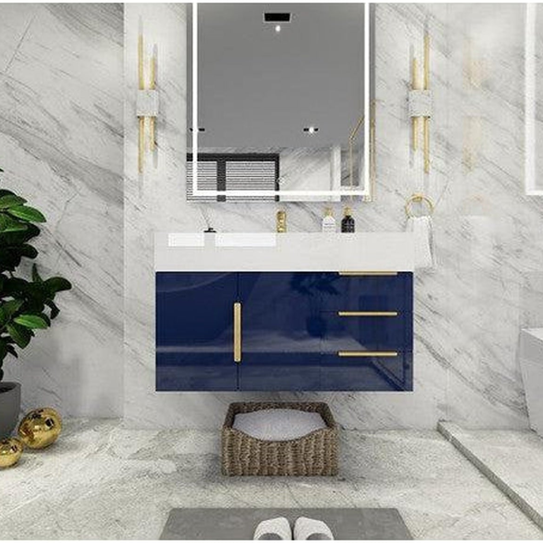Elara 36" High Gloss Night Blue Wall-Mounted Vanity With Right Side Drawers and Single Reinforced White Acrylic Sink