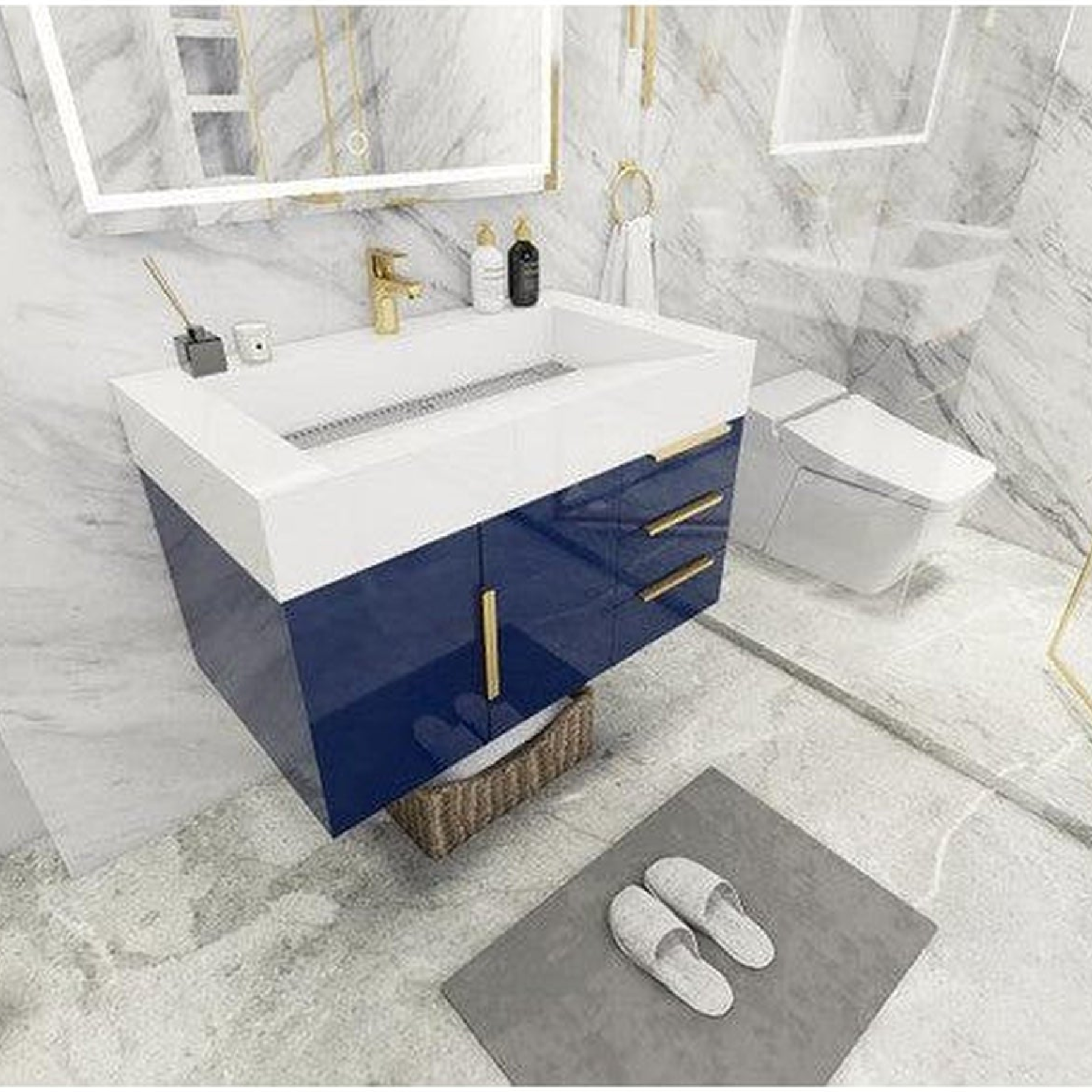 Elara 36" High Gloss Night Blue Wall-Mounted Vanity With Right Side Drawers and Single Reinforced White Acrylic Sink