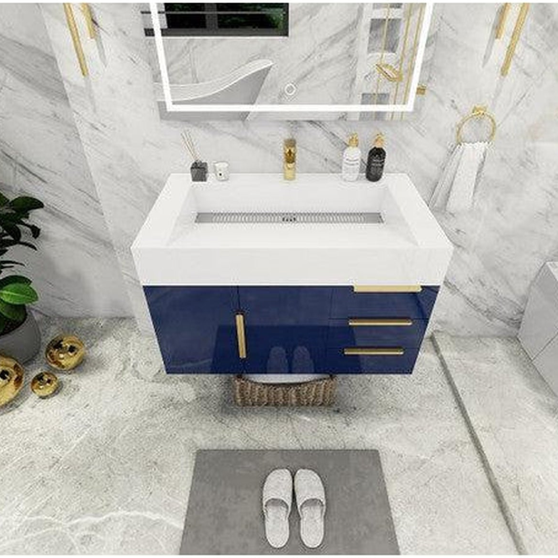 Elara 36" High Gloss Night Blue Wall-Mounted Vanity With Right Side Drawers and Single Reinforced White Acrylic Sink