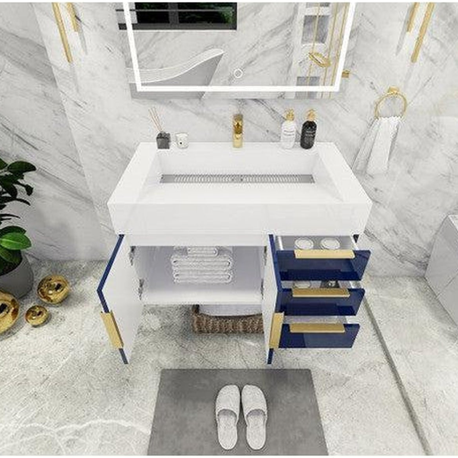 Elara 36" High Gloss Night Blue Wall-Mounted Vanity With Right Side Drawers and Single Reinforced White Acrylic Sink
