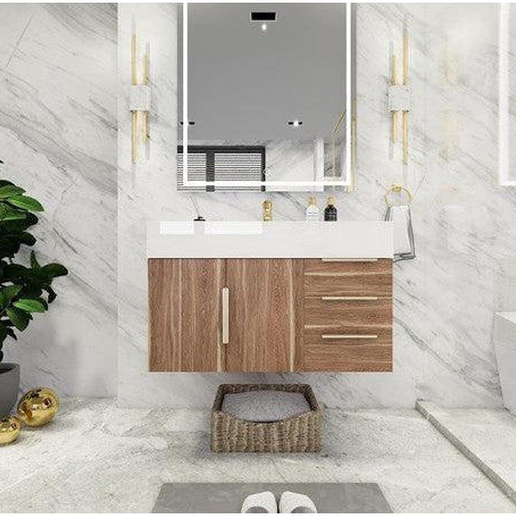 Elara 36" White Oak Wall-Mounted Vanity With Right Side Drawers and Single Reinforced White Acrylic Sink