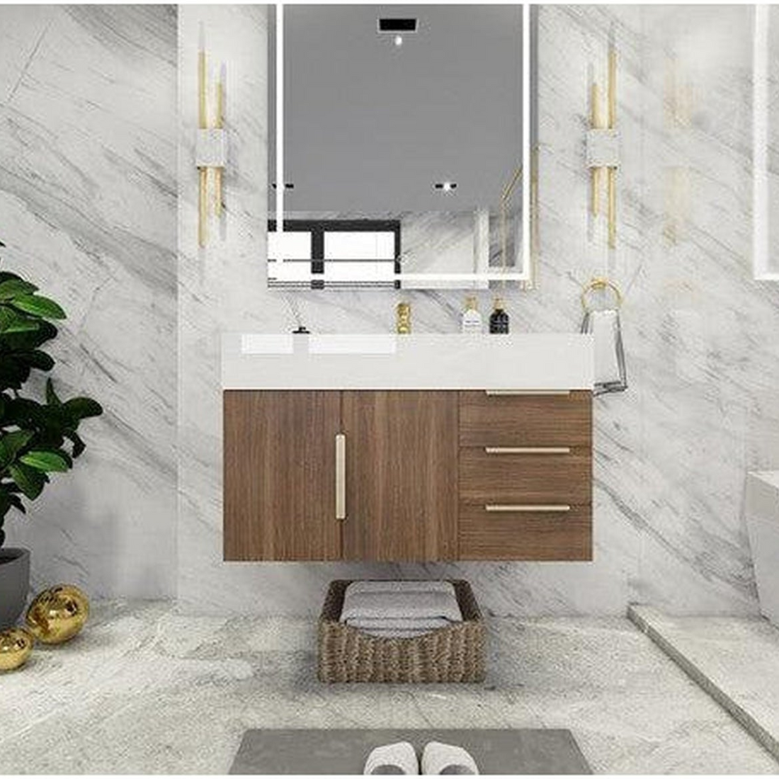 Elara 36" Rosewood Wall-Mounted Vanity With Right Side Drawers and Single Reinforced White Acrylic Sink