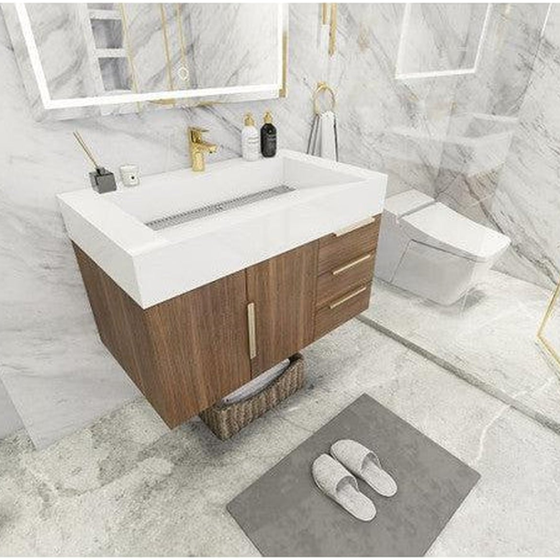 Elara 36" Rosewood Wall-Mounted Vanity With Right Side Drawers and Single Reinforced White Acrylic Sink