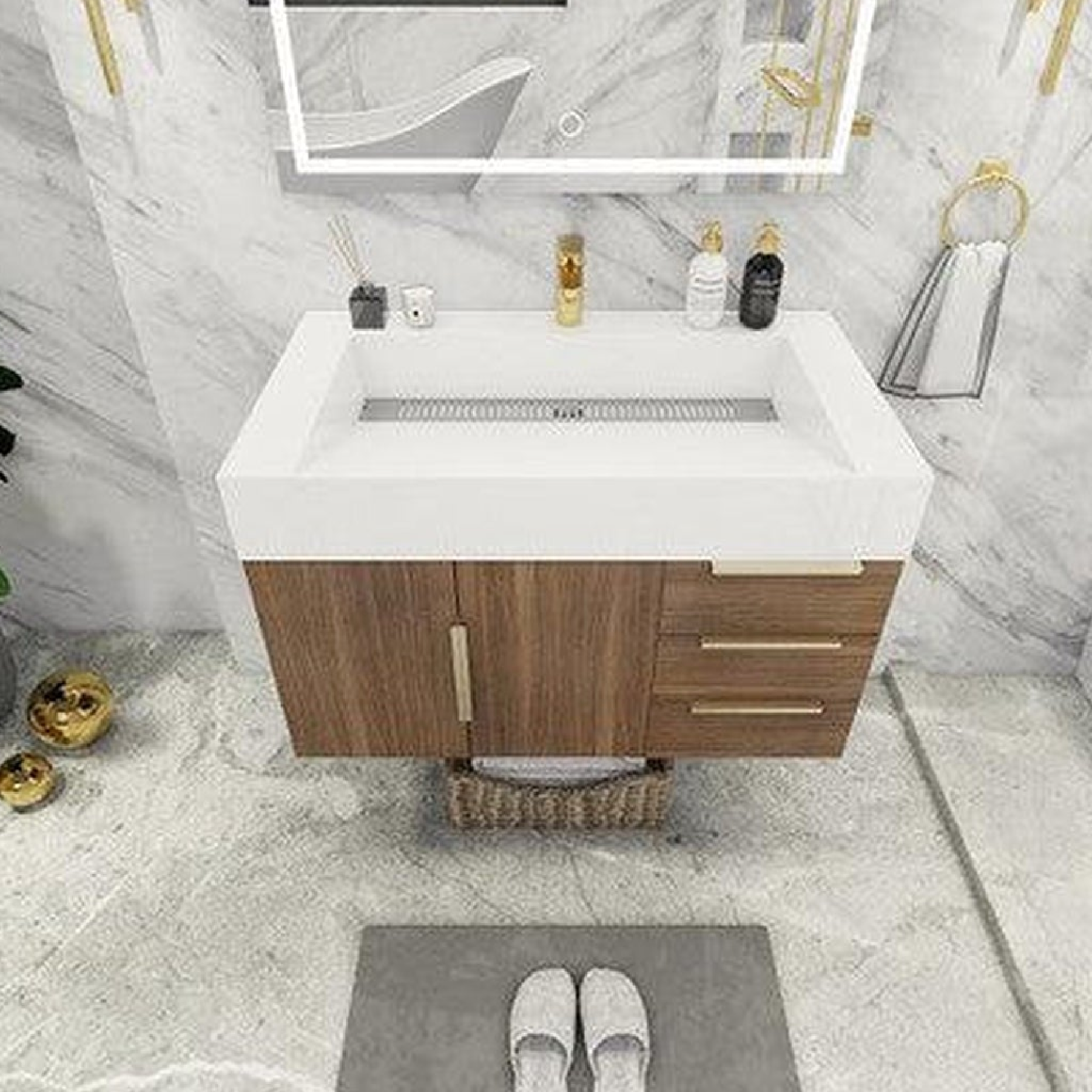 Elara 36" Rosewood Wall-Mounted Vanity With Right Side Drawers and Single Reinforced White Acrylic Sink