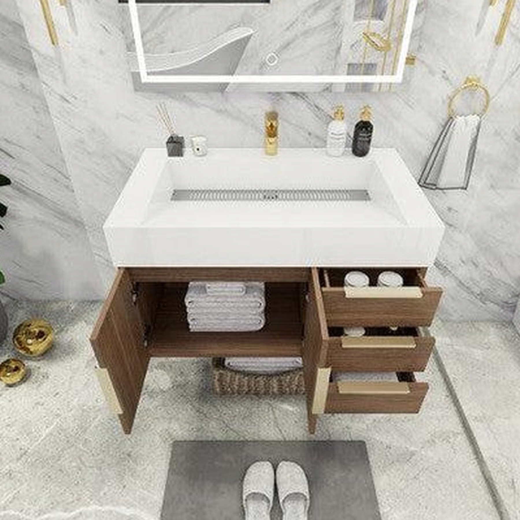 Elara 36" Rosewood Wall-Mounted Vanity With Right Side Drawers and Single Reinforced White Acrylic Sink