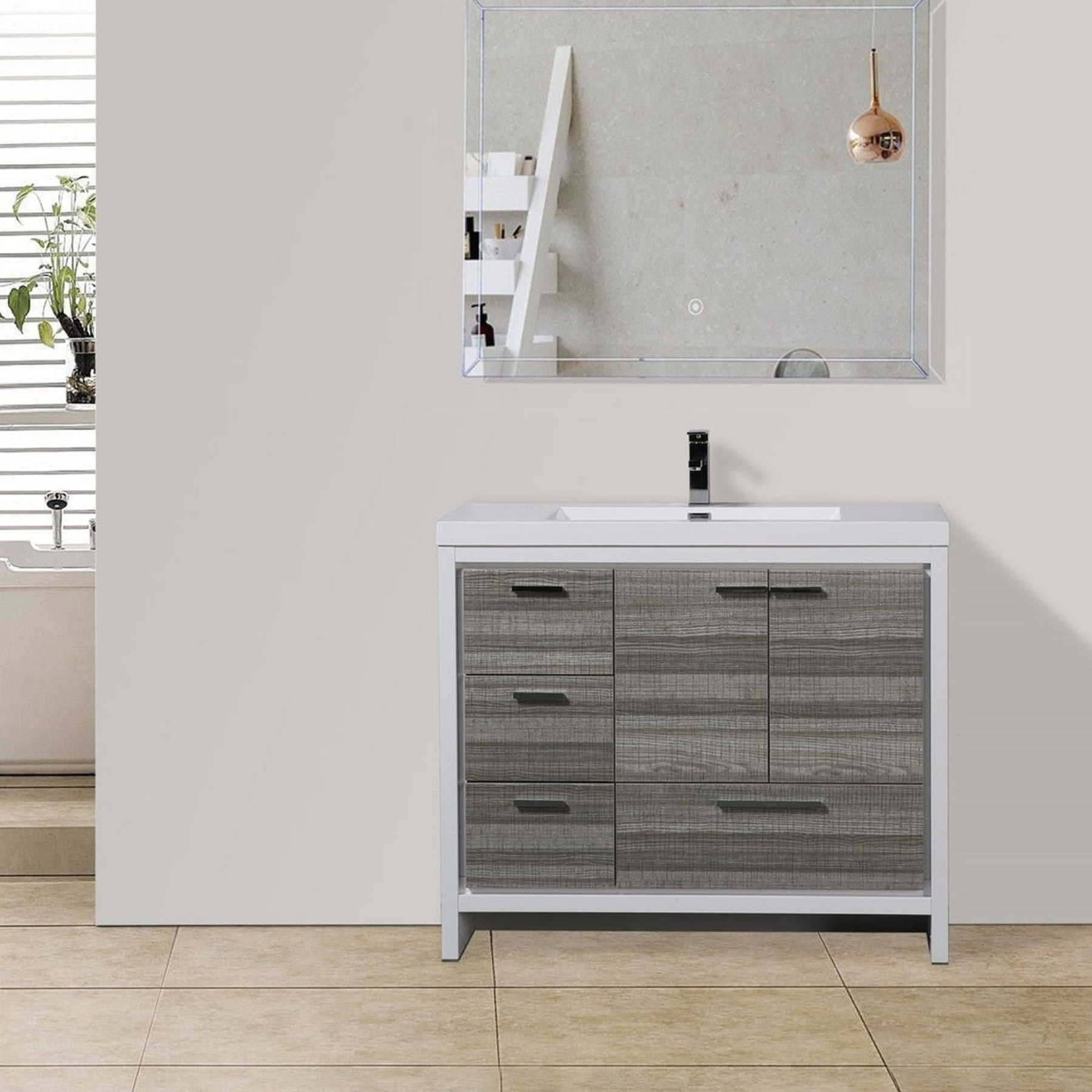 Amara 42" High Gloss Ash Gray Freestanding Vanity With Left Side Drawers and Single Reinforced White Acrylic Sink