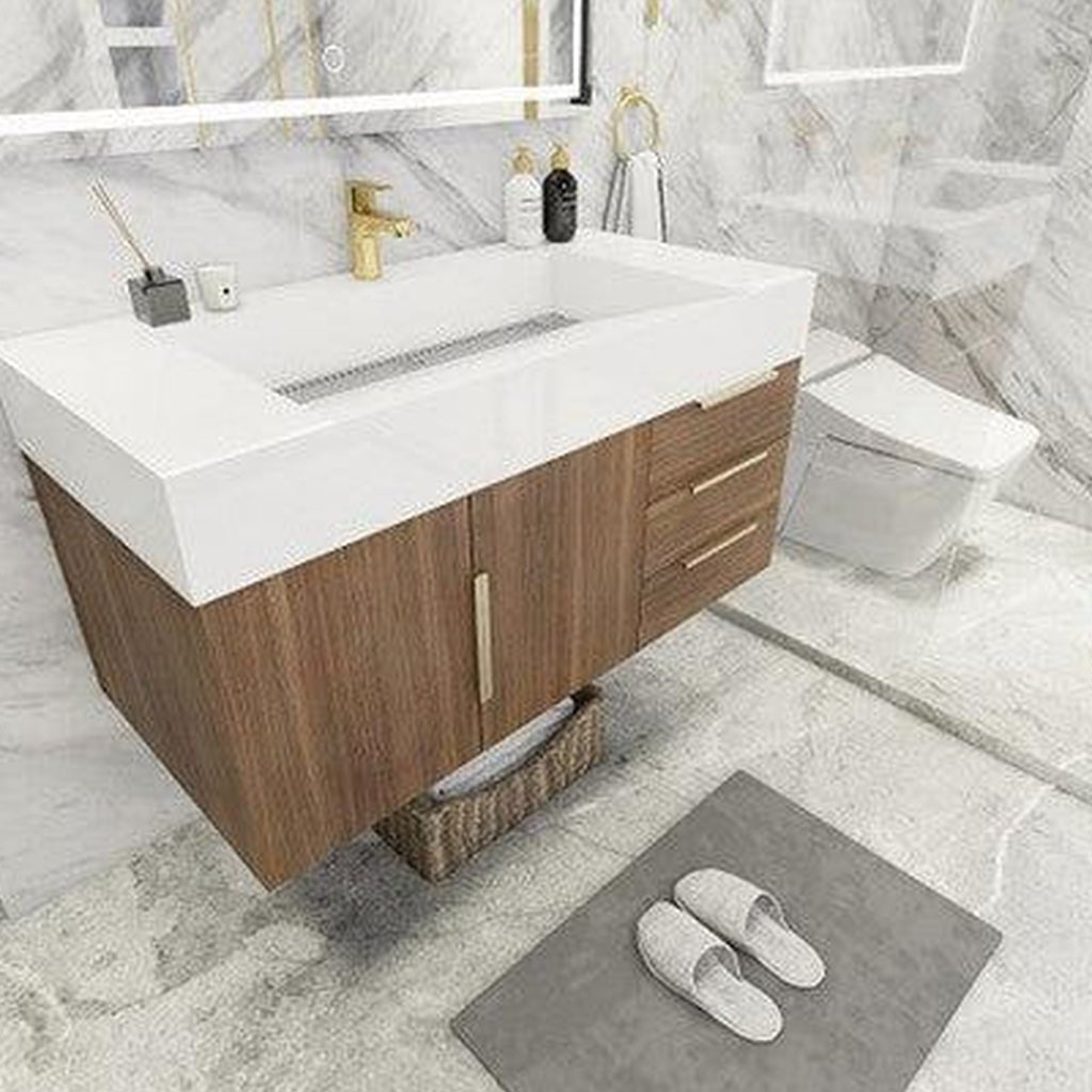 Elara 42" Rosewood Wall-Mounted Vanity With Right Side Drawers and Single Reinforced White Acrylic Sink