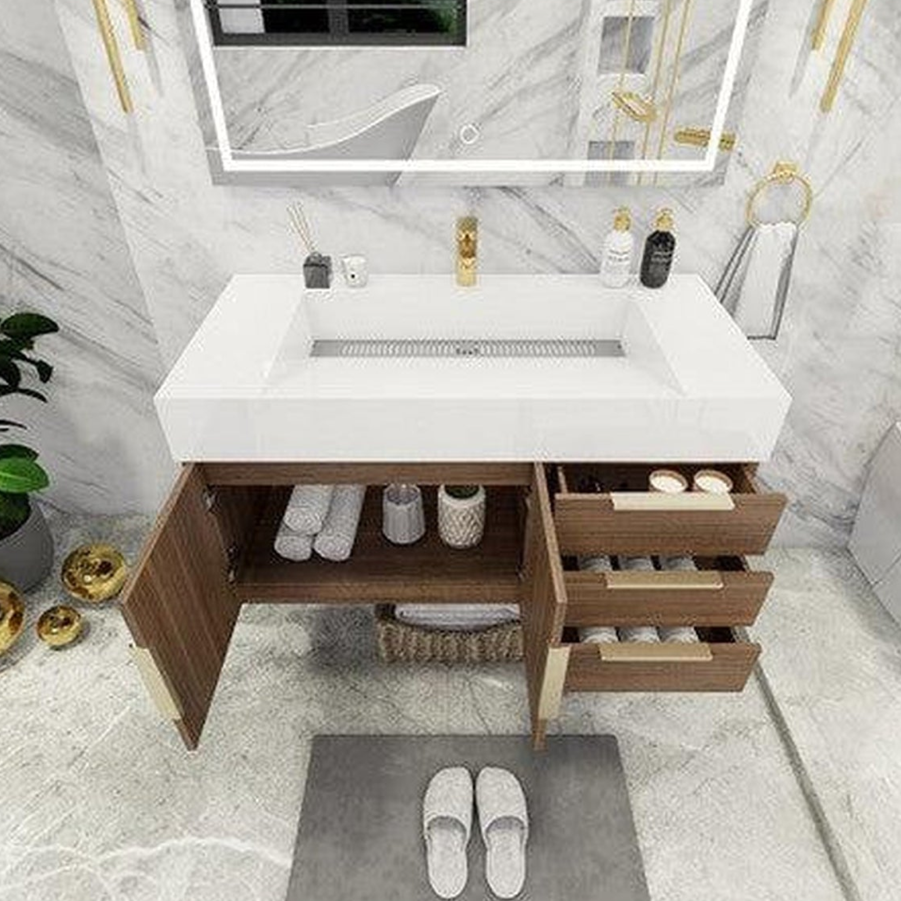 Elara 42" Rosewood Wall-Mounted Vanity With Right Side Drawers and Single Reinforced White Acrylic Sink